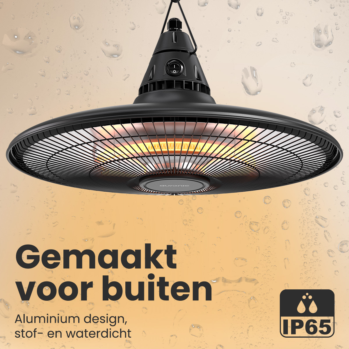 Un radiateur extérieur noir est suspendu. Il a un design circulaire avec un élément chauffant et une grille de protection. Le fond est beige avec des gouttes d'eau.