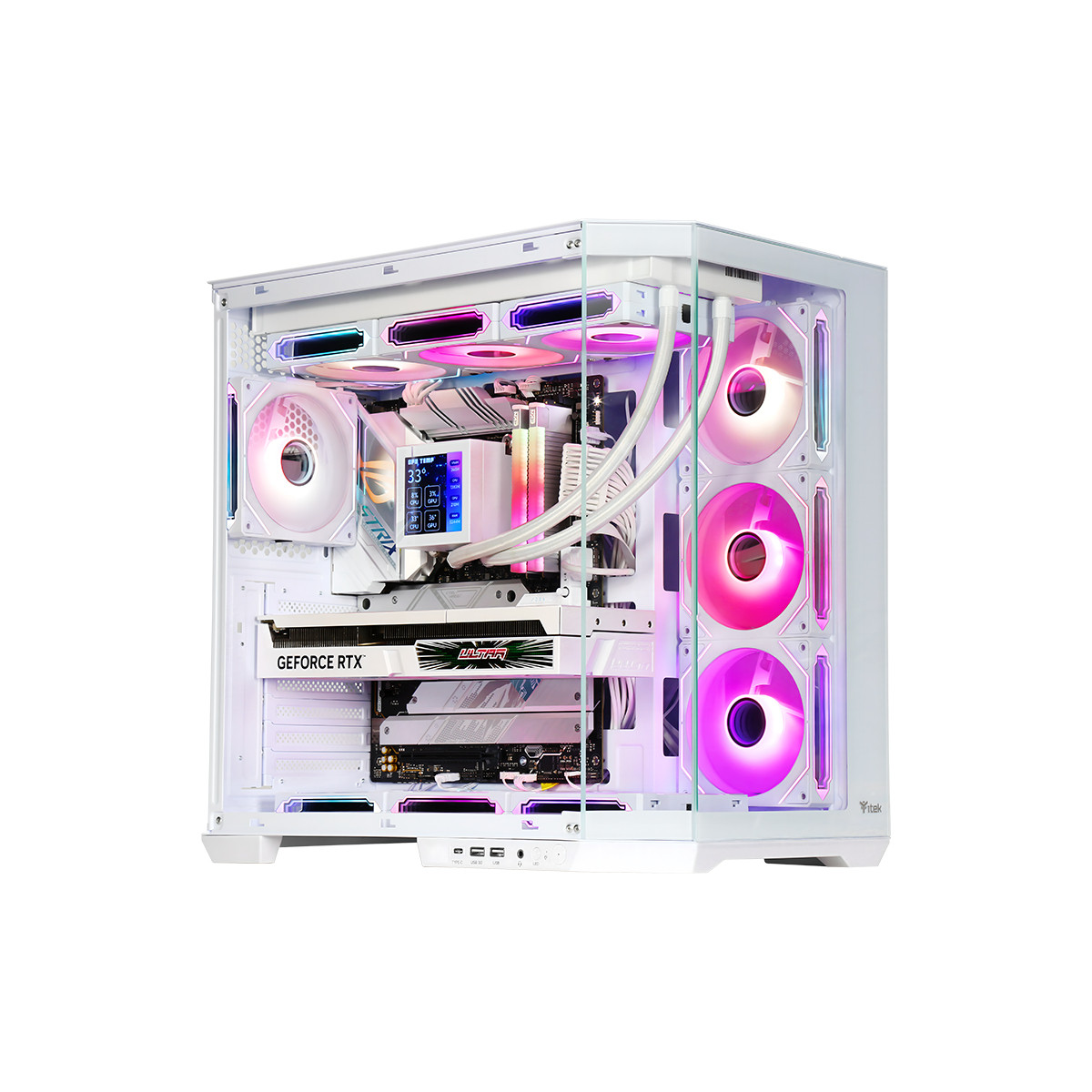 Un case per computer bianco con componenti interni. Visibili ventole con luci rosa e viola, una scheda grafica e un sistema di raffreddamento a liquido.