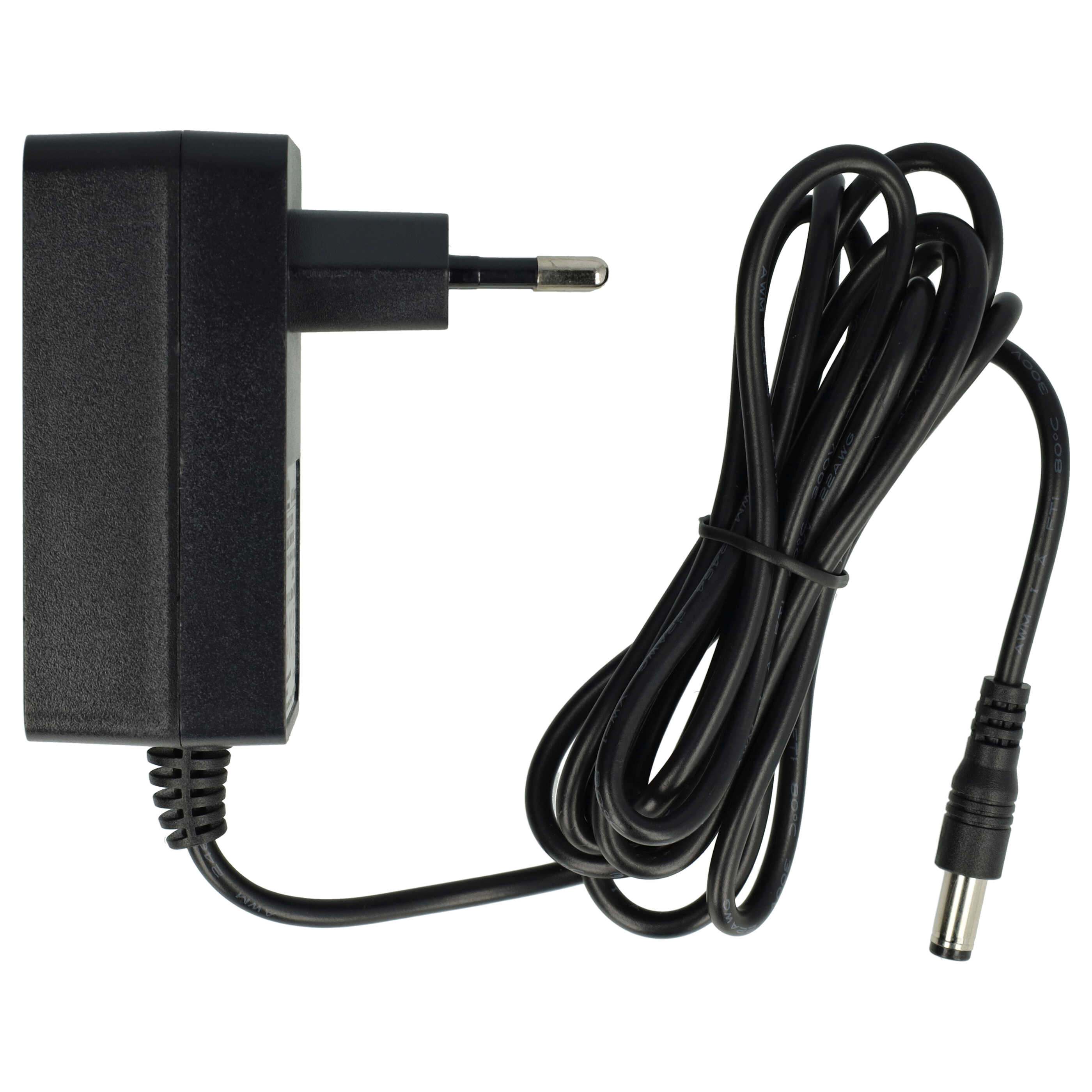 Schwarzes Netzteil mit Stecker und schwarzem Kabel. Das Kabel ist gekräuselt und hat einen Stecker.