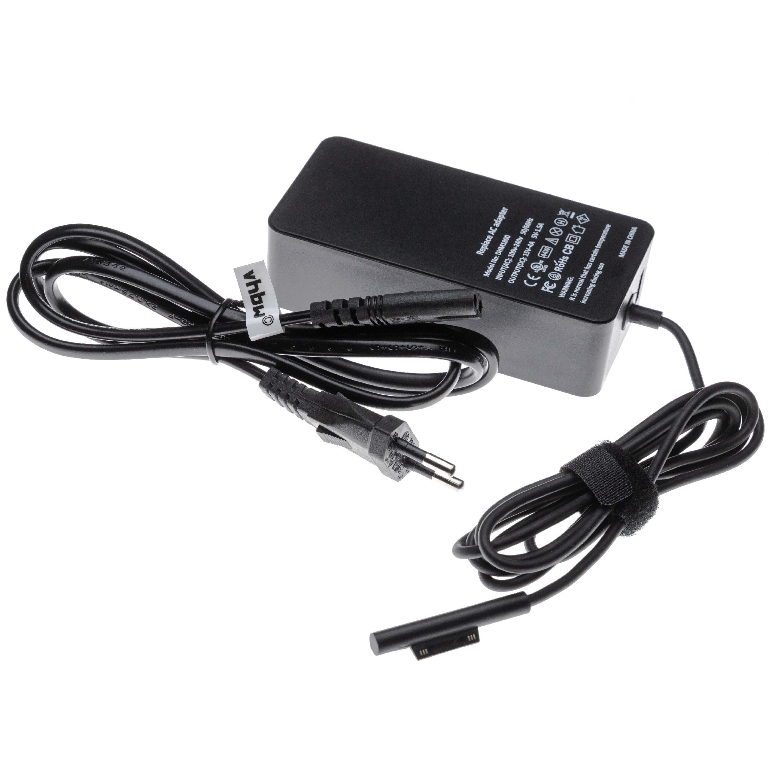 Schwarzes AC-Netzteil mit Netzkabel und Stecker. Das Netzteil hat Etiketten mit technischen Informationen.