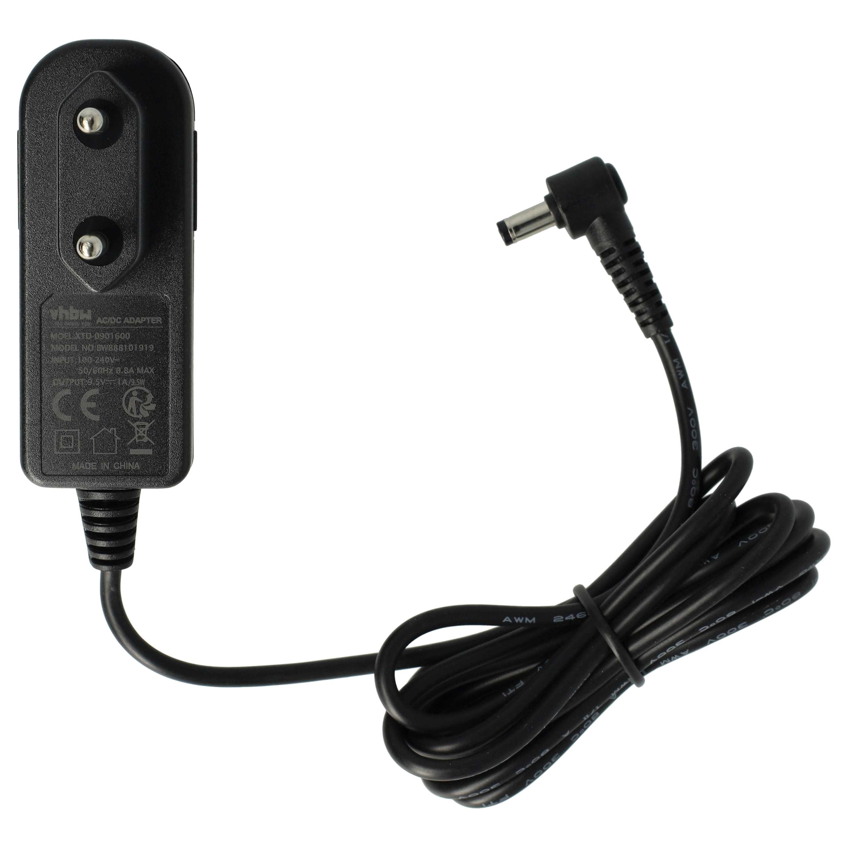 Ein schwarzes AC/DC-Netzteil mit Kabel und Stecker. Der Adapter hat Text und Symbole.