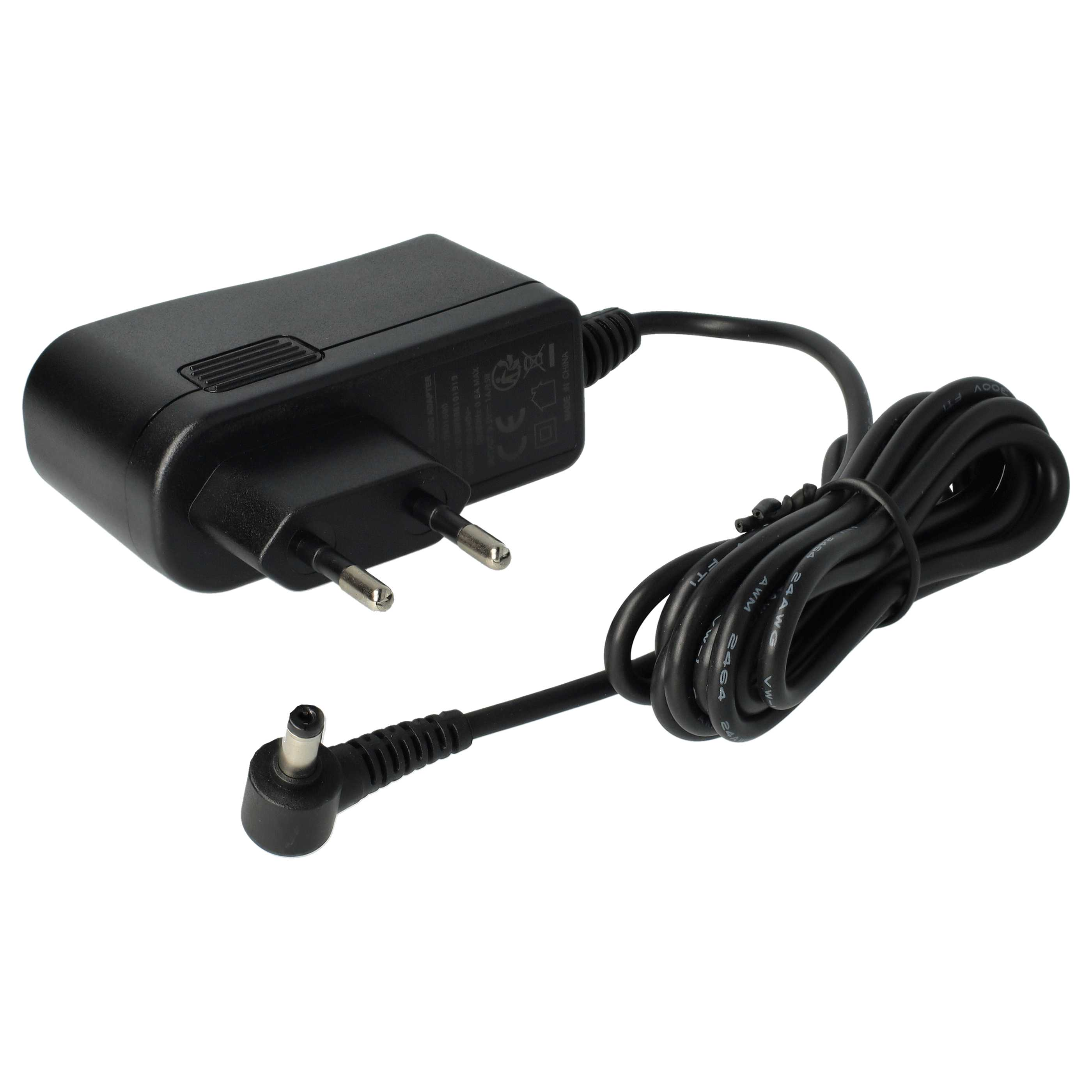 Ein schwarzes Netzteil mit Eurostecker und schwarzem Kabel, das in einem kleinen Stecker endet.