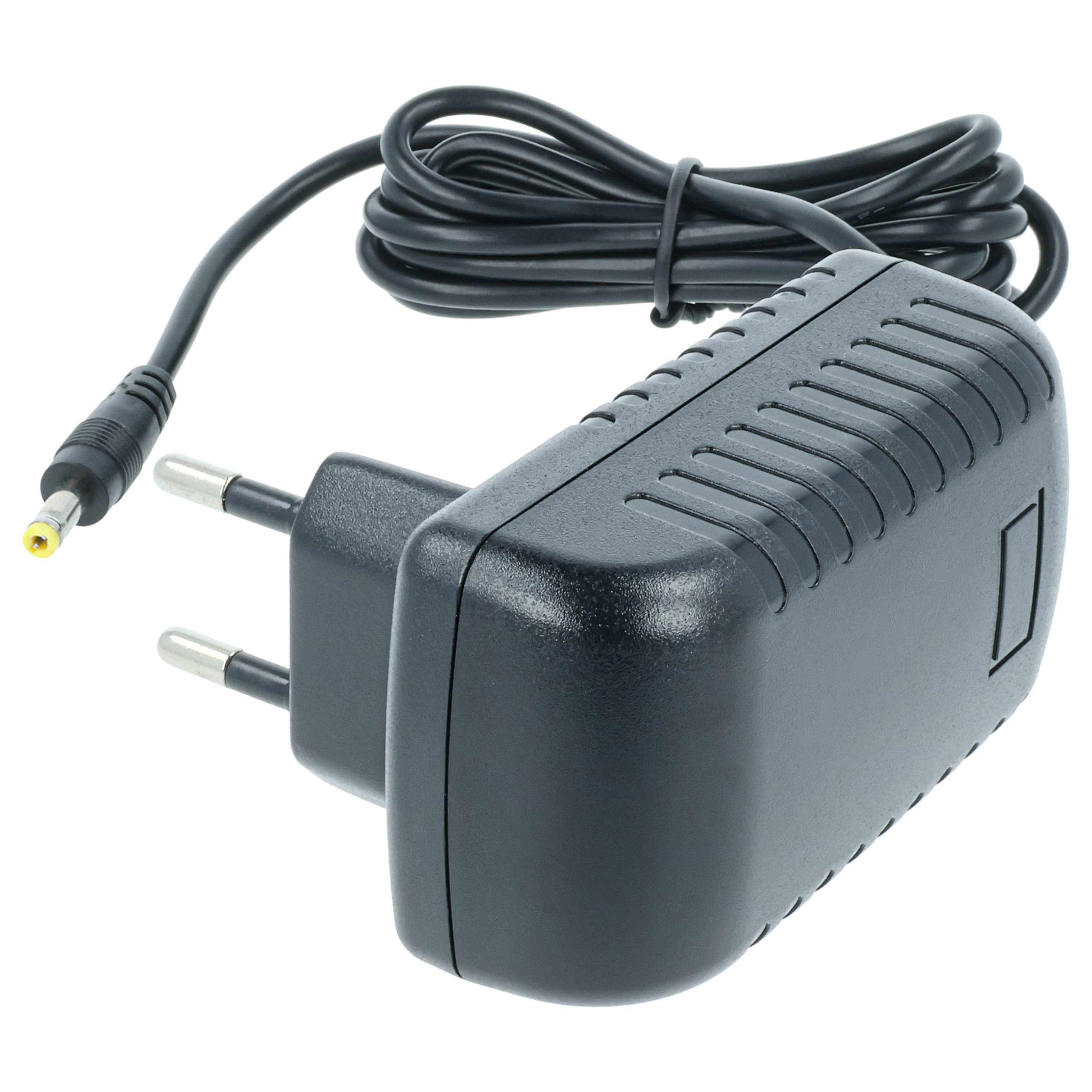 Schwarzes Netzteil mit Stecker und Kabel. Das Kabel ist aufgerollt. Der Stecker hat zwei Stifte. Isoliert auf Weiß.