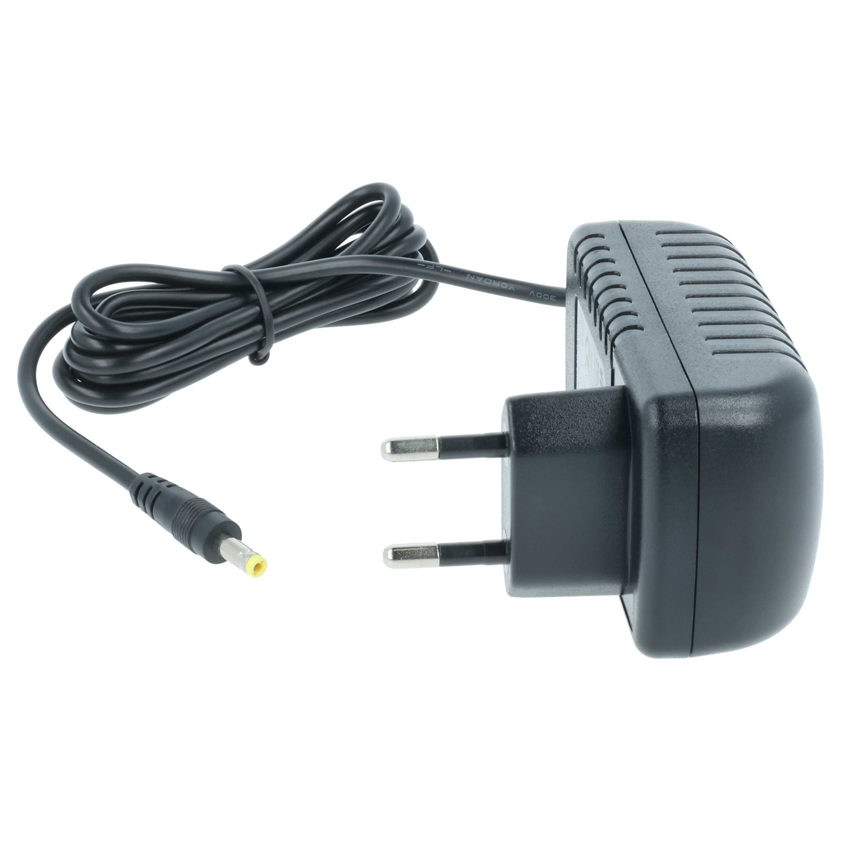 Ein schwarzes Netzteil mit schwarzem Kabel und Stecker. Der Adapter hat zwei silberne Stifte.