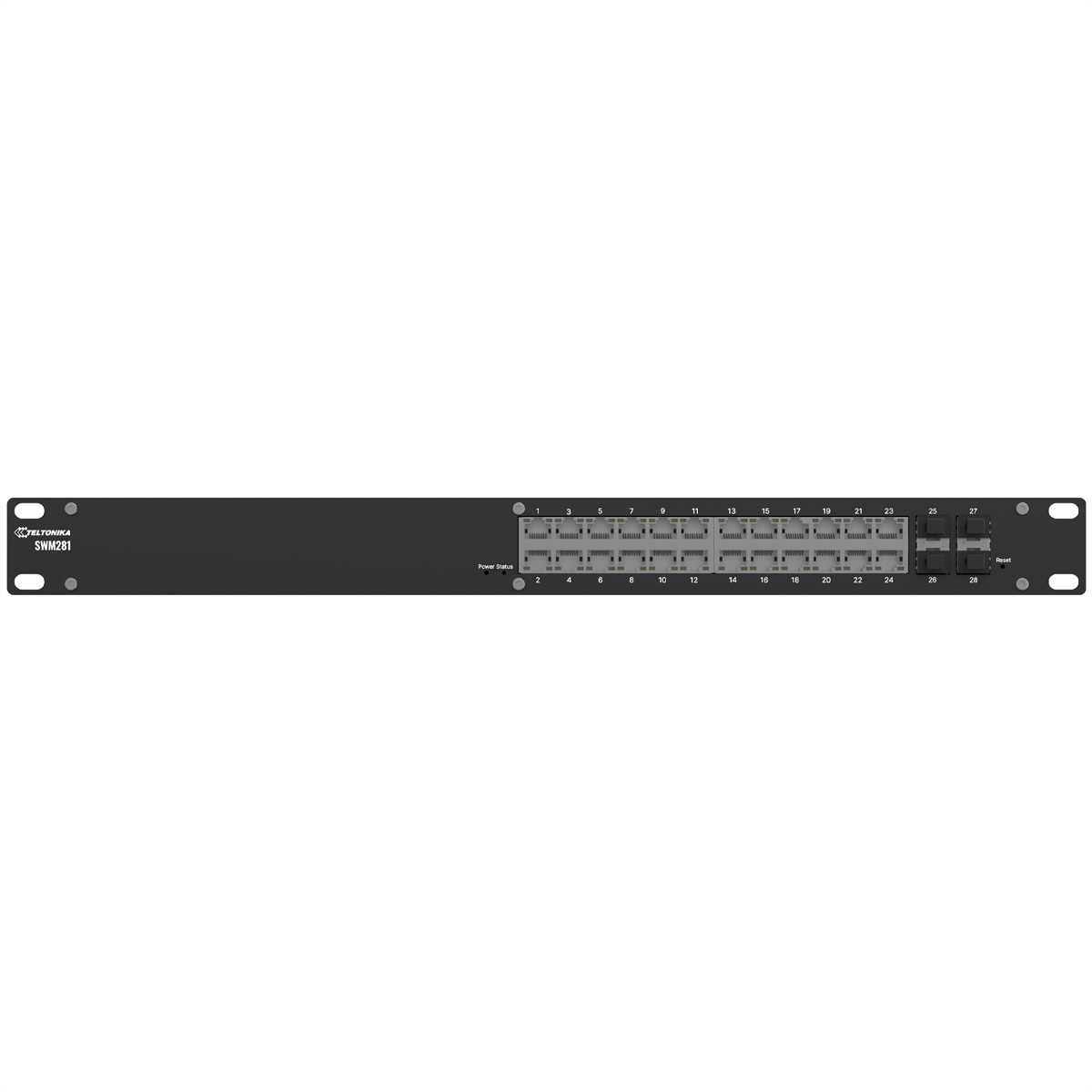 Ein schwarzer Teltonika SWM281 Netzwerk-Switch mit nummerierten Anschlüssen. Power-Status und Reset-Tasten sind sichtbar. Der Hintergrund ist weiß.