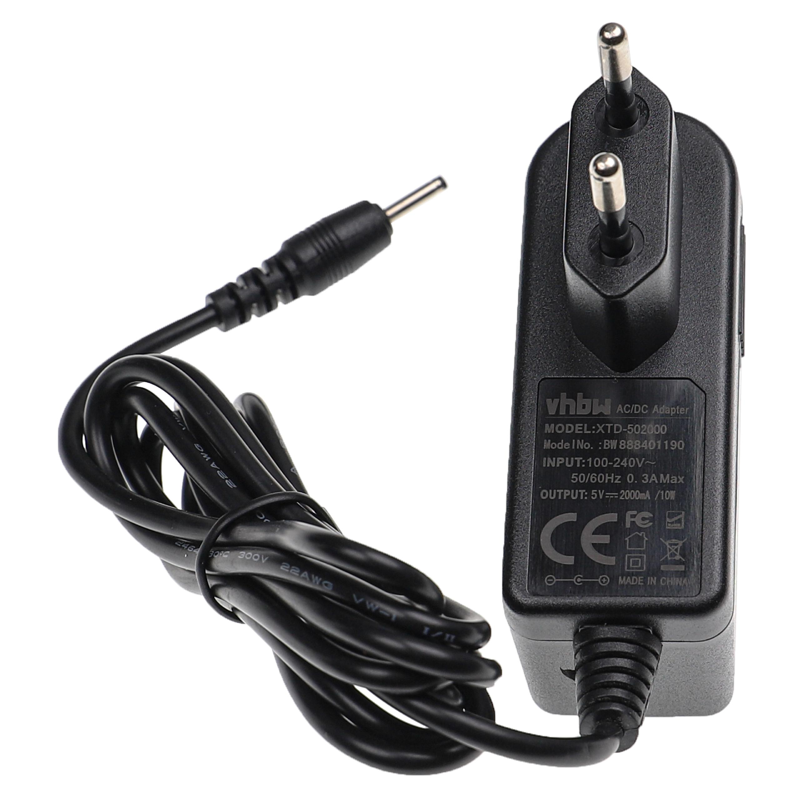 Ein schwarzes AC/DC-Netzteil mit Zweipolstecker und schwarzem Kabel. Es hat Textetiketten.