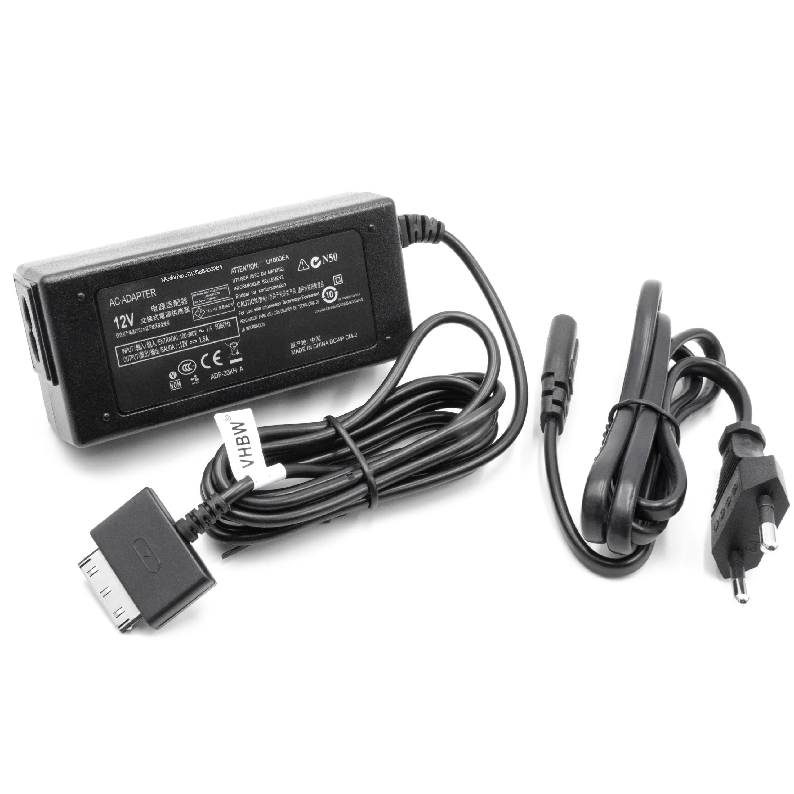 Ein schwarzes Netzteil mit Kabeln und Stecker auf weißem Untergrund.