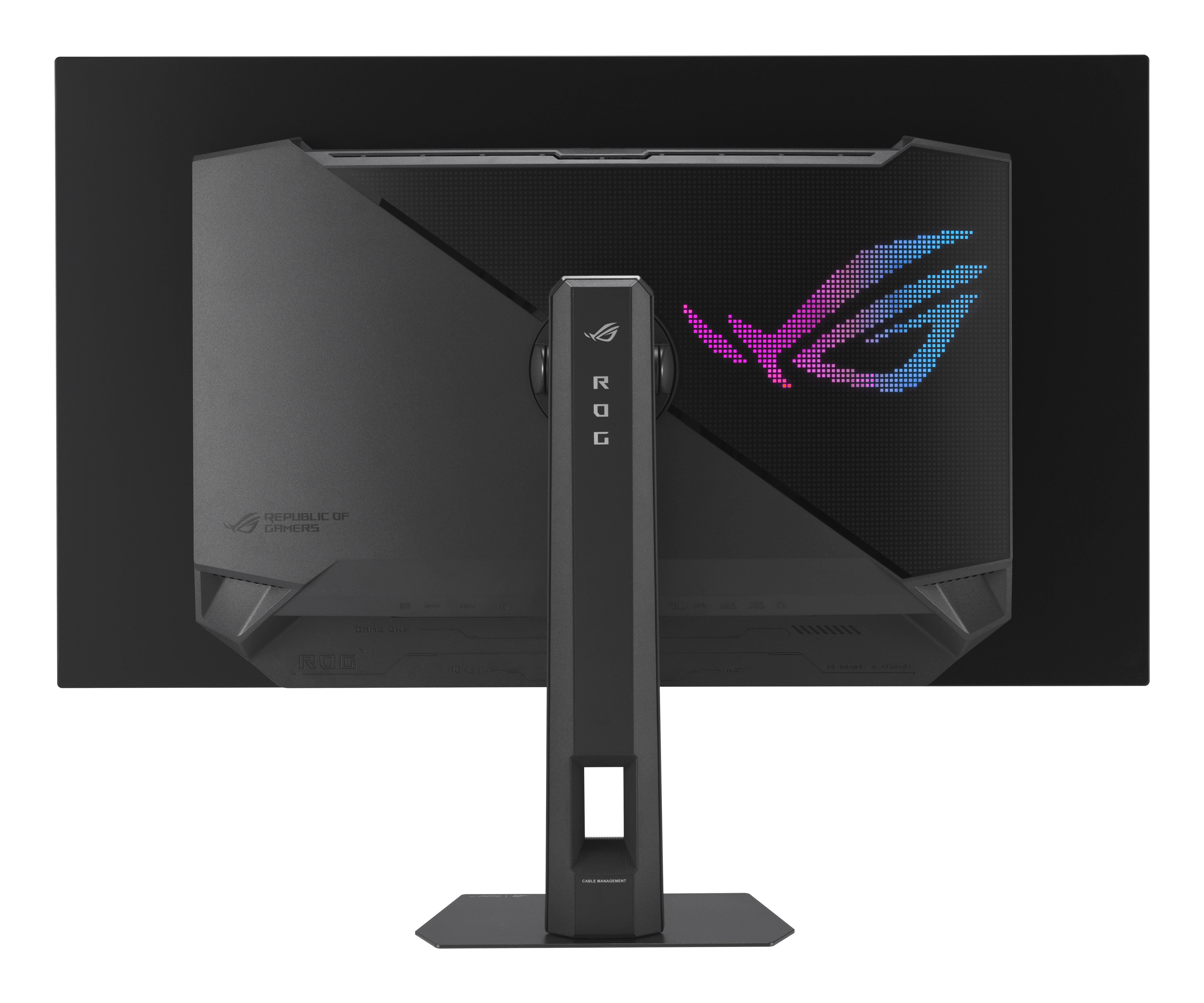 Rückansicht eines schwarzen ROG-Monitors mit Ständer. Der Monitor hat RGB-Lichter und das Republic of Gamers-Logo.