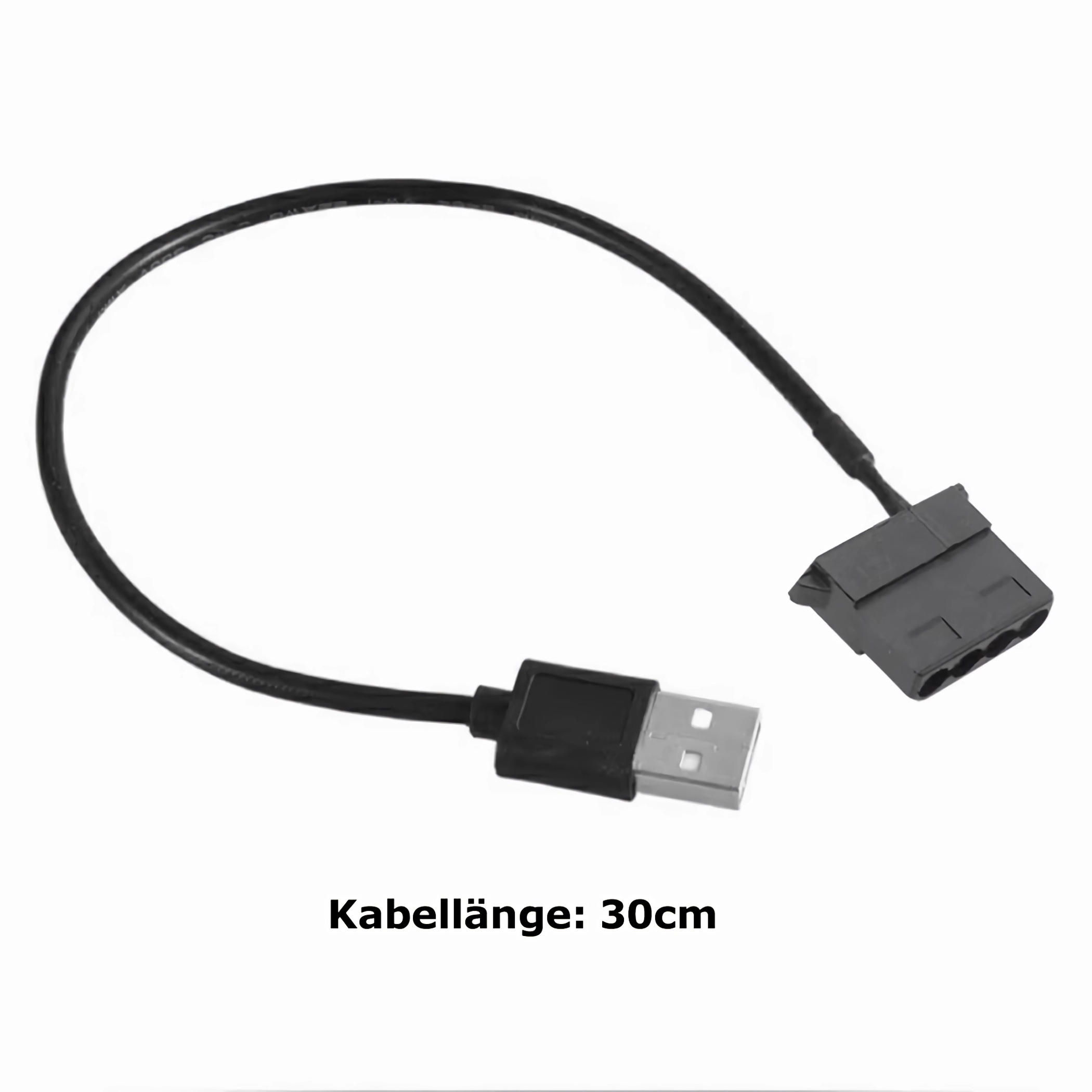Ein schwarzes USB-zu-SATA-Stromkabel mit einer Länge von 30 cm. Es hat einen USB-Anschluss und einen SATA-Stromanschluss.