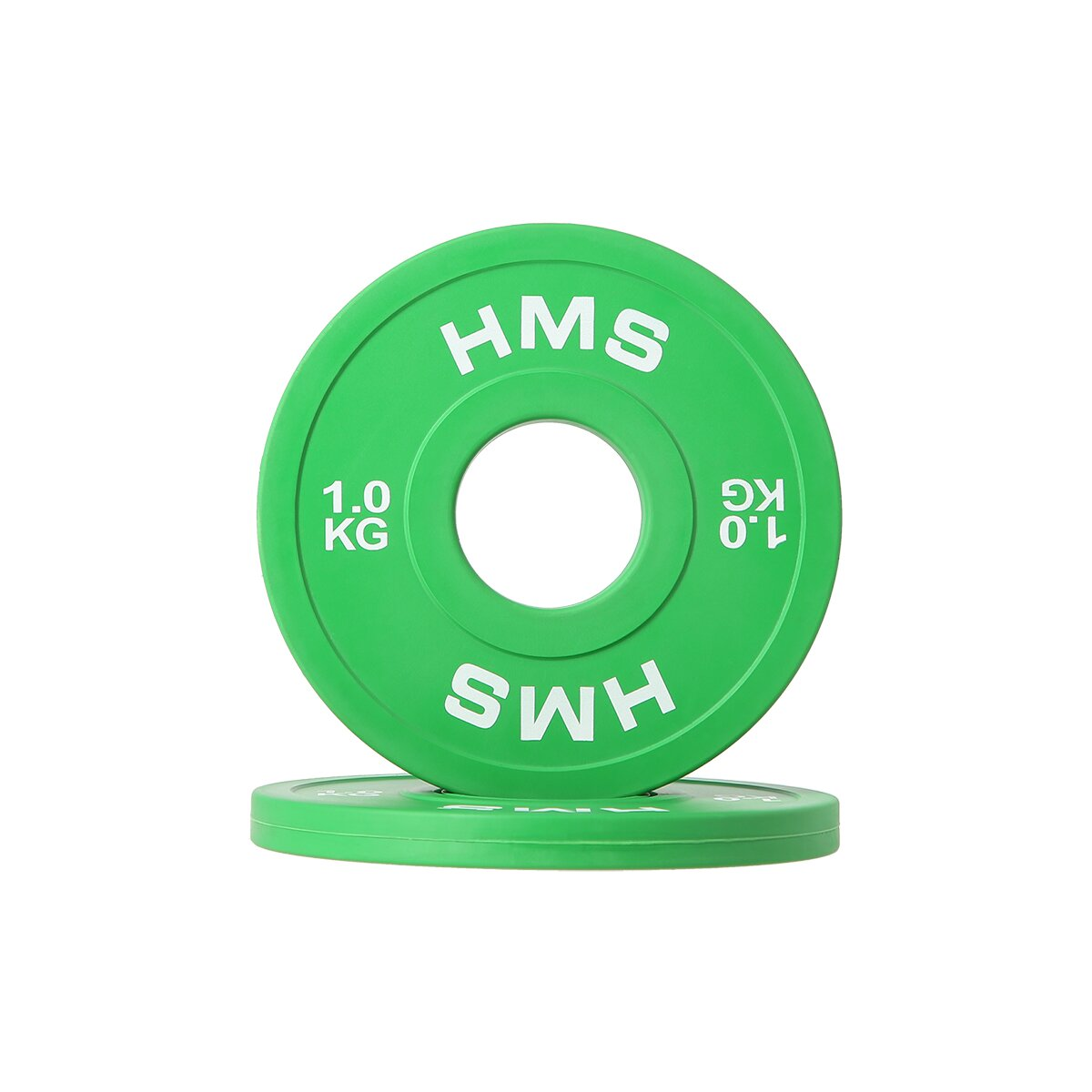 Zwei grüne Hantelscheiben. Die obere Platte ist mit 'HMS', '1,0 KG' beschriftet. Die untere Platte ist ebenfalls grün.