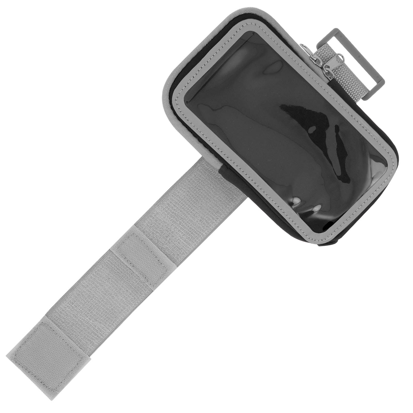 Un brassard pour téléphone, gris et noir. Il a une face avant transparente, une sangle et une boucle.