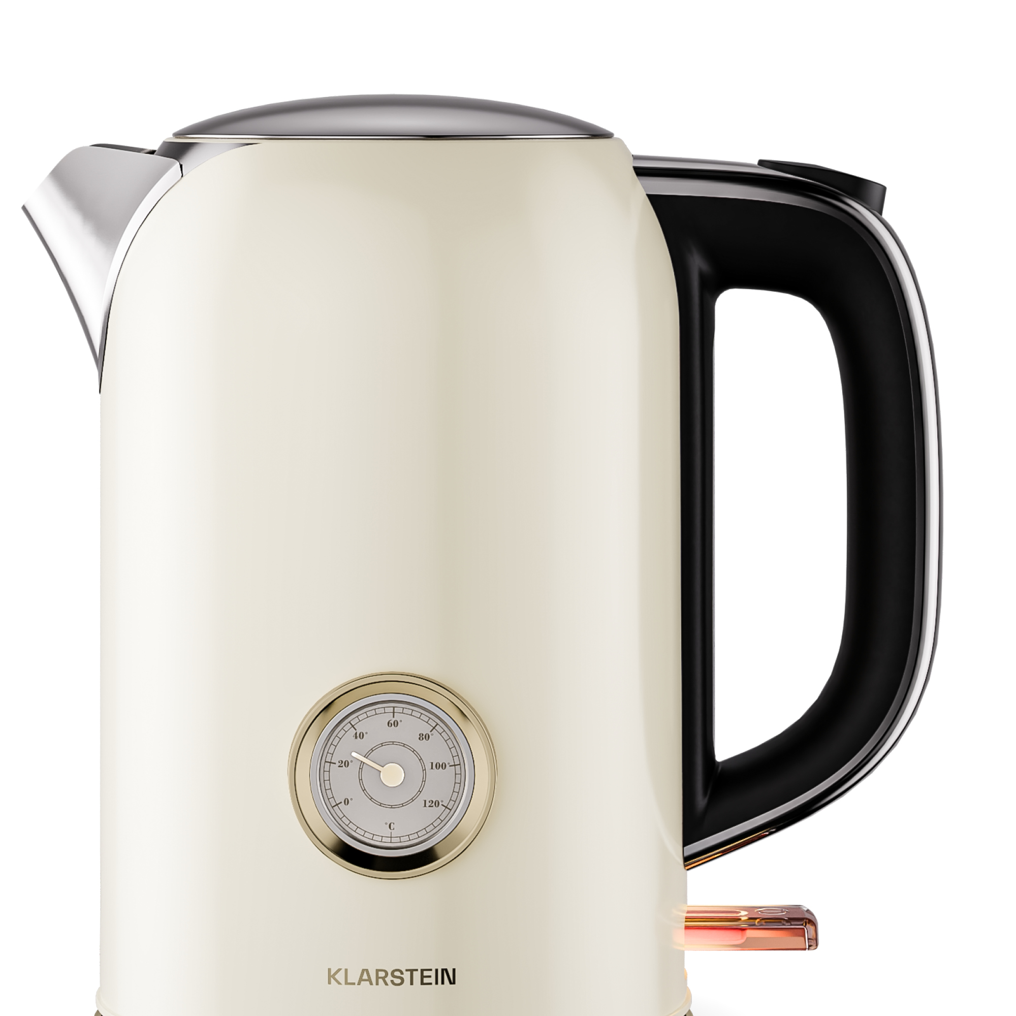 Cremefarbener Wasserkocher mit schwarzem Griff und silbernen Akzenten, Temperaturanzeige und Klarstein-Logo.