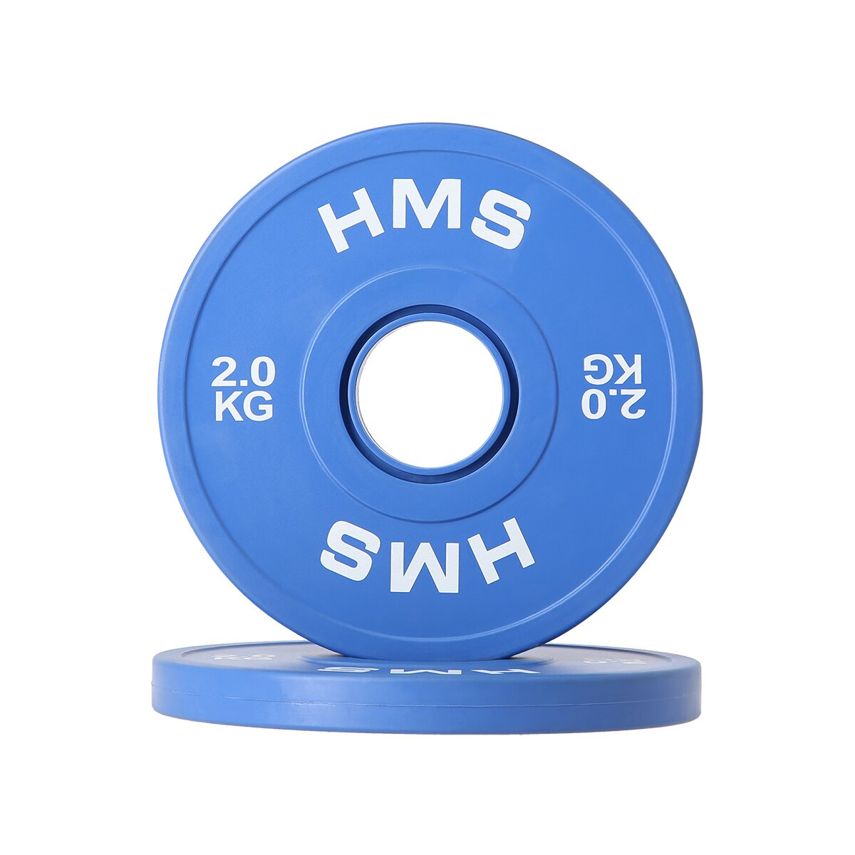 Piastra di peso blu con scritte bianche 'HMS' e '2.0 KG'. Un'altra piastra sotto. Isolato su sfondo bianco.