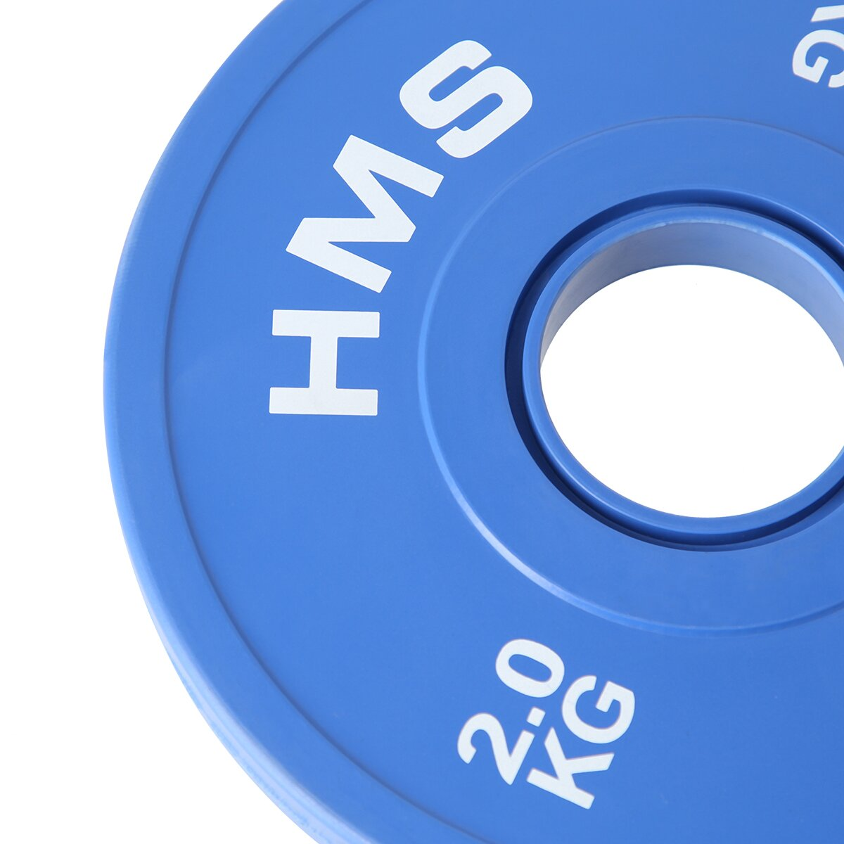 Disco pesi blu con testo bianco 'HMS' e '2,0 KG'. Ha un foro centrale. Lo sfondo è bianco.