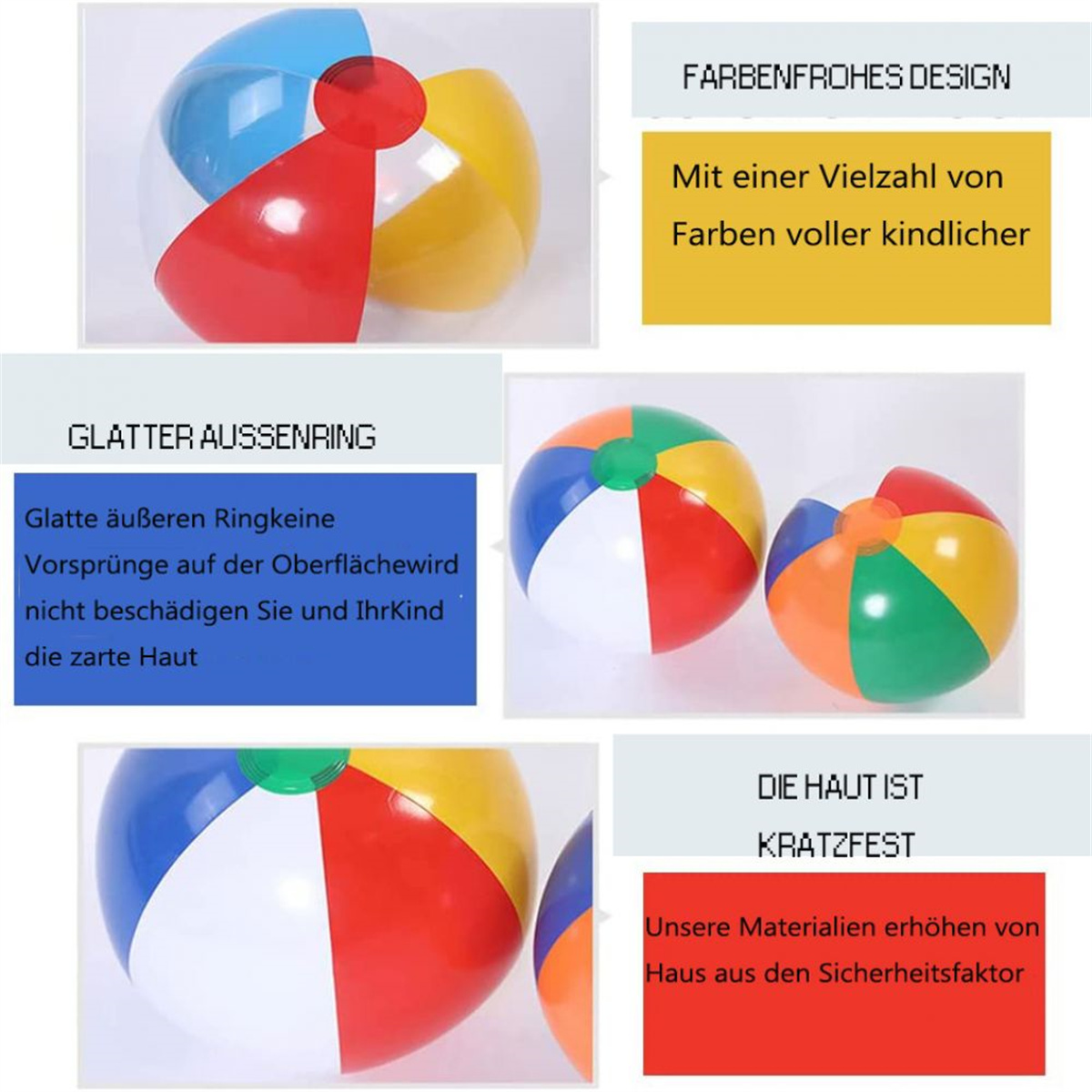 Mehrere bunte Strandbälle. Jeder hat farbige Felder. Der Text zeigt Produktmerkmale auf Deutsch.