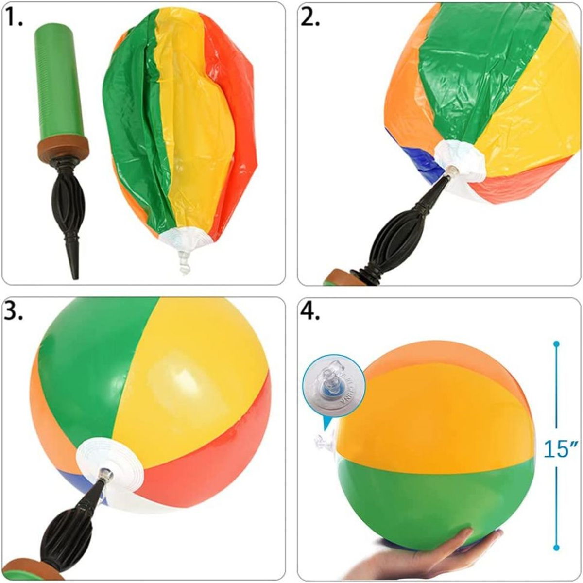 Das Bild zeigt das Aufblasen eines Strandballs mit einer Pumpe. Schritte umfassen entleert, aufgeblasen und aufgeblasen, mit Größenangabe.