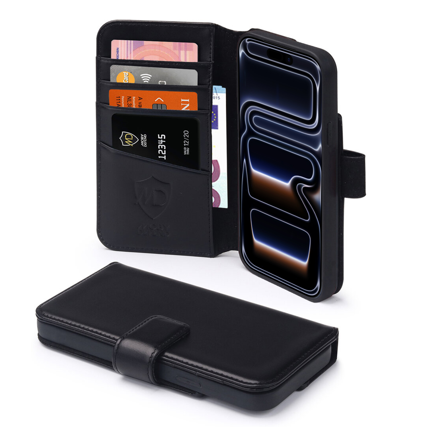 Étui de téléphone en cuir noir avec cartes de crédit. L'étui ouvert affiche un téléphone. L'étui fermé est en dessous. Fond blanc.