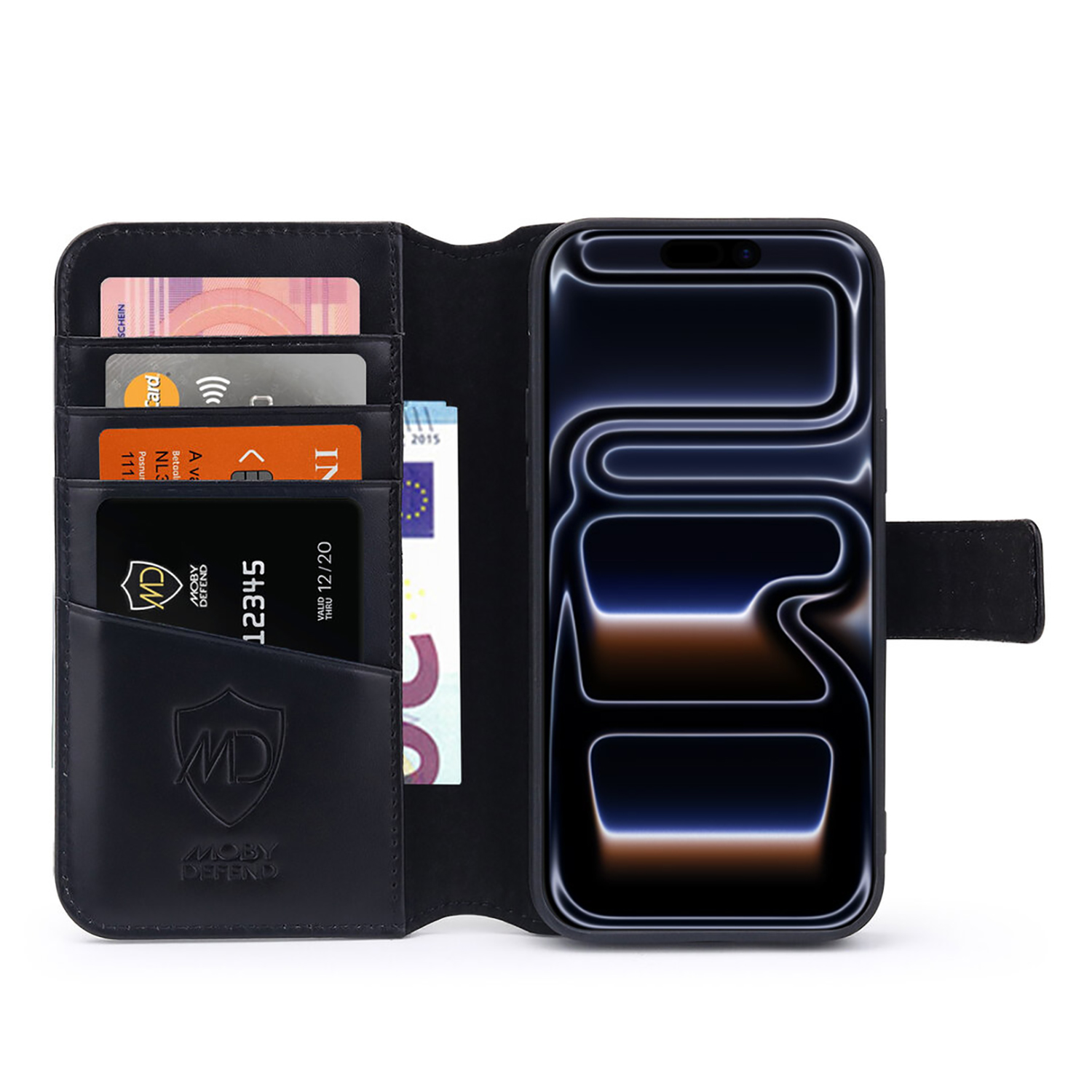 Étui de téléphone noir avec un téléphone, des cartes et de l'argent liquide. L'étui a une section portefeuille. L'écran du téléphone affiche une image numérique.