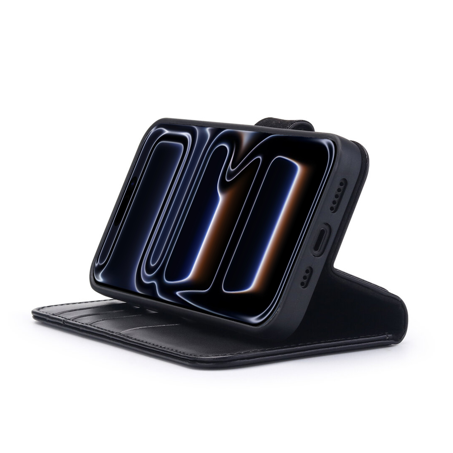 Un téléphone noir dans un étui noir est ouvert. L'écran affiche un motif lumineux. L'étui est posé sur une surface blanche.