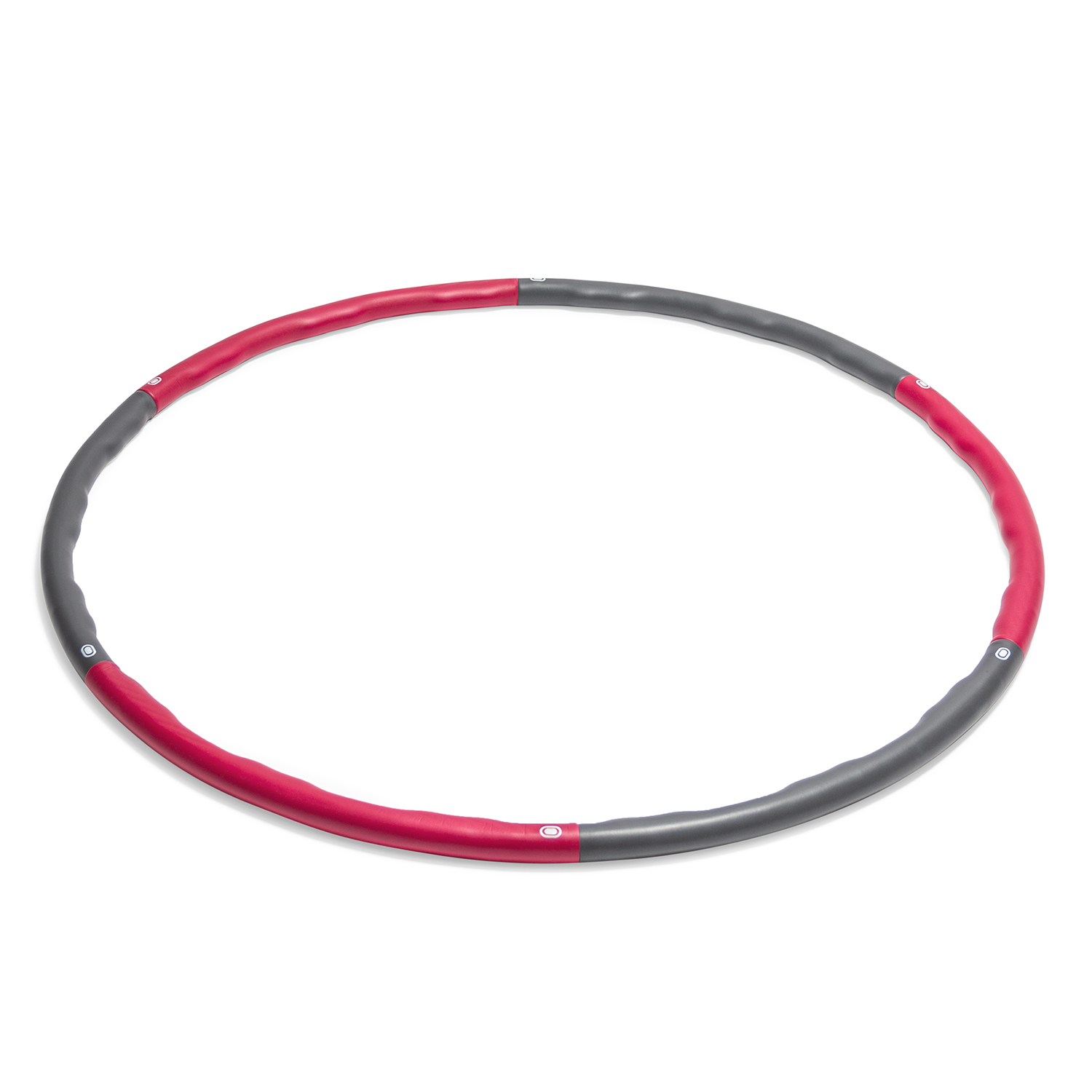 Ein segmentierter Hula-Hoop, rote und graue Abschnitte, liegt auf einer weißen Oberfläche. Es ist ein Fitness-Tool.