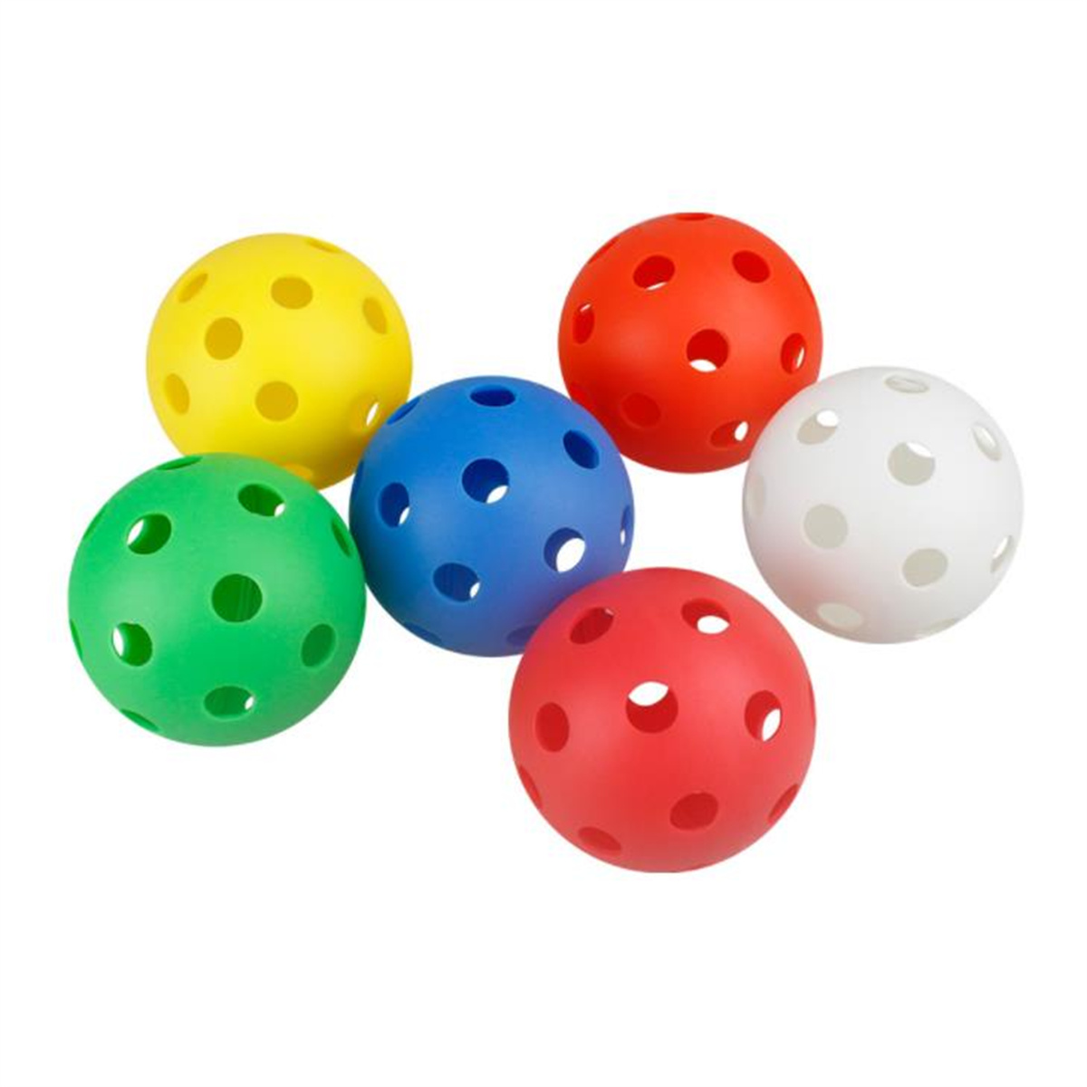 Sechs bunte Plastikbälle mit Löchern. Zu den Farben gehören Gelb, Grün, Blau, Rot und Weiß. Die Bälle sind auf weißem Grund.