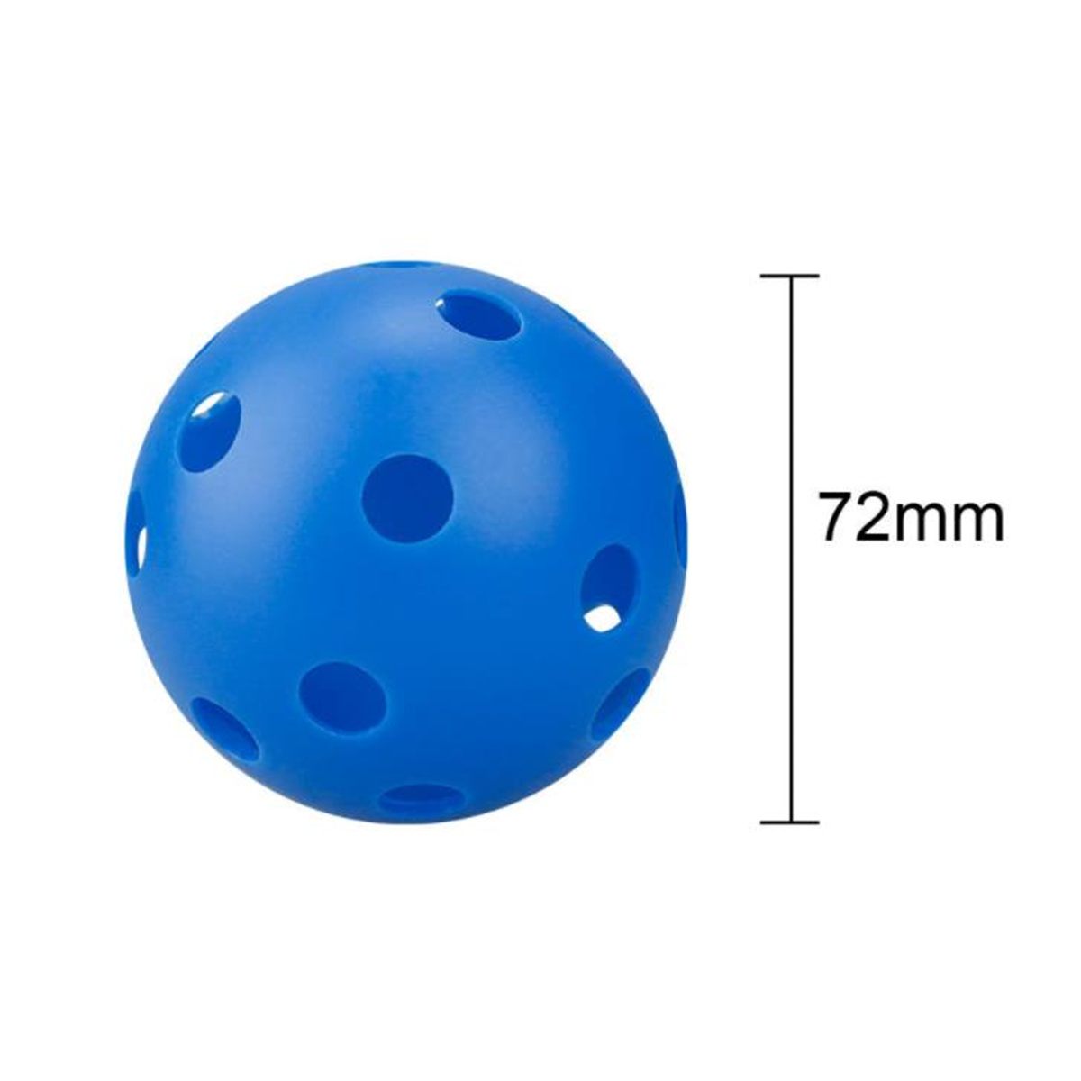 Ein blauer Plastikball mit Löchern, 72 mm groß, wird vor weißem Hintergrund gezeigt. Eine schwarze Linie zeigt den Durchmesser des Balls an.