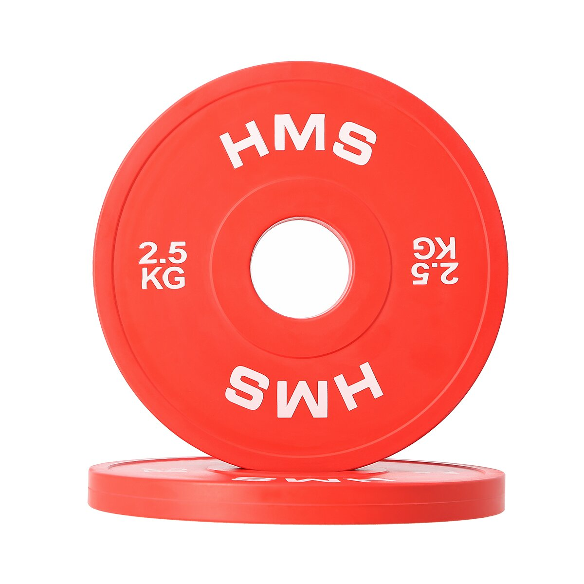Eine rote HMS-Gewichtsscheibe, 2,5 kg, mit weißem HMS-Logo. Eine andere Scheibe befindet sich darunter. Weißer Hintergrund.