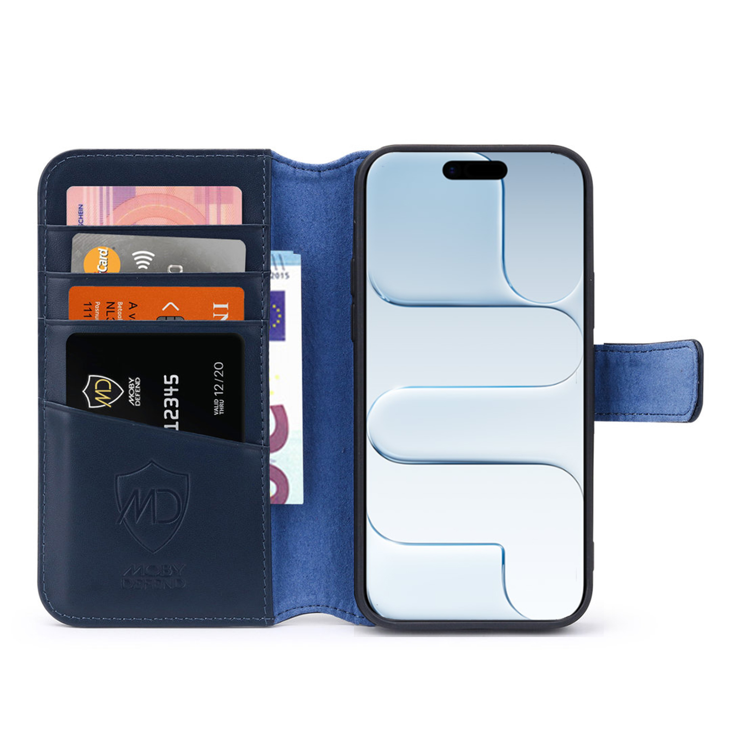 Un étui de téléphone bleu avec une section portefeuille contenant des cartes et de l'argent. Un smartphone est placé à l'intérieur de l'étui.