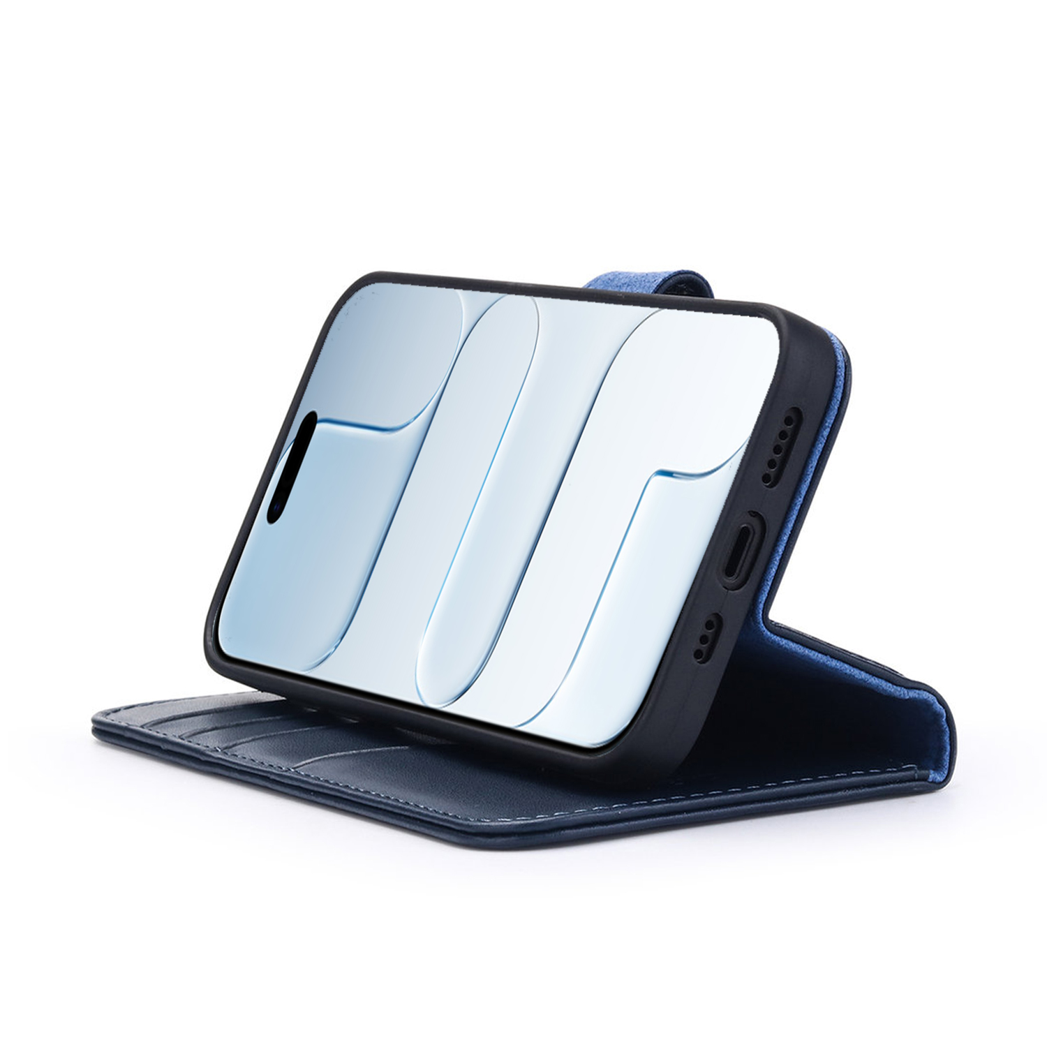 Un smartphone dans un étui bleu, ouvert. L'écran affiche un motif bleu clair. L'étui est ouvert, avec des coutures visibles.