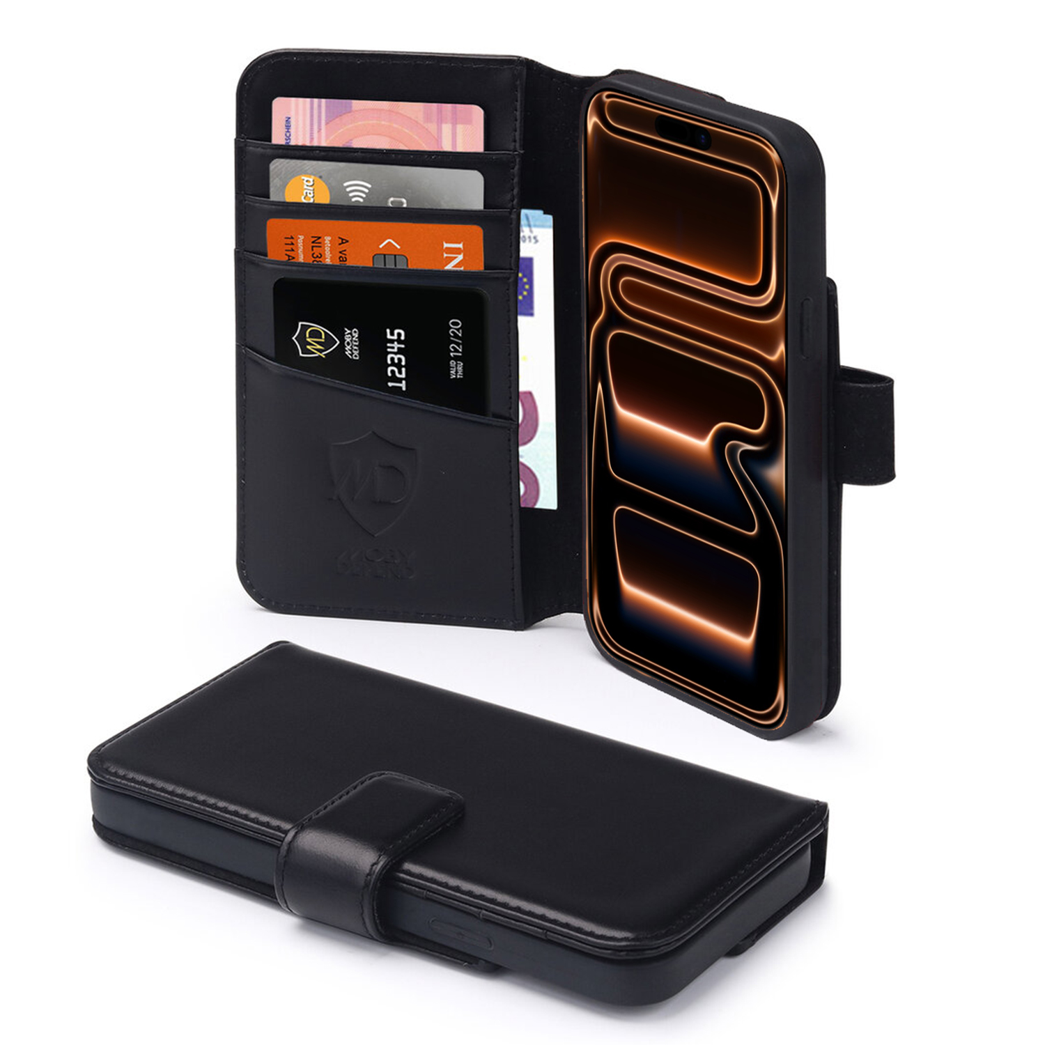Étui de téléphone en cuir noir avec cartes et téléphone. Un autre étui fermé en dessous. Scène sur fond blanc.