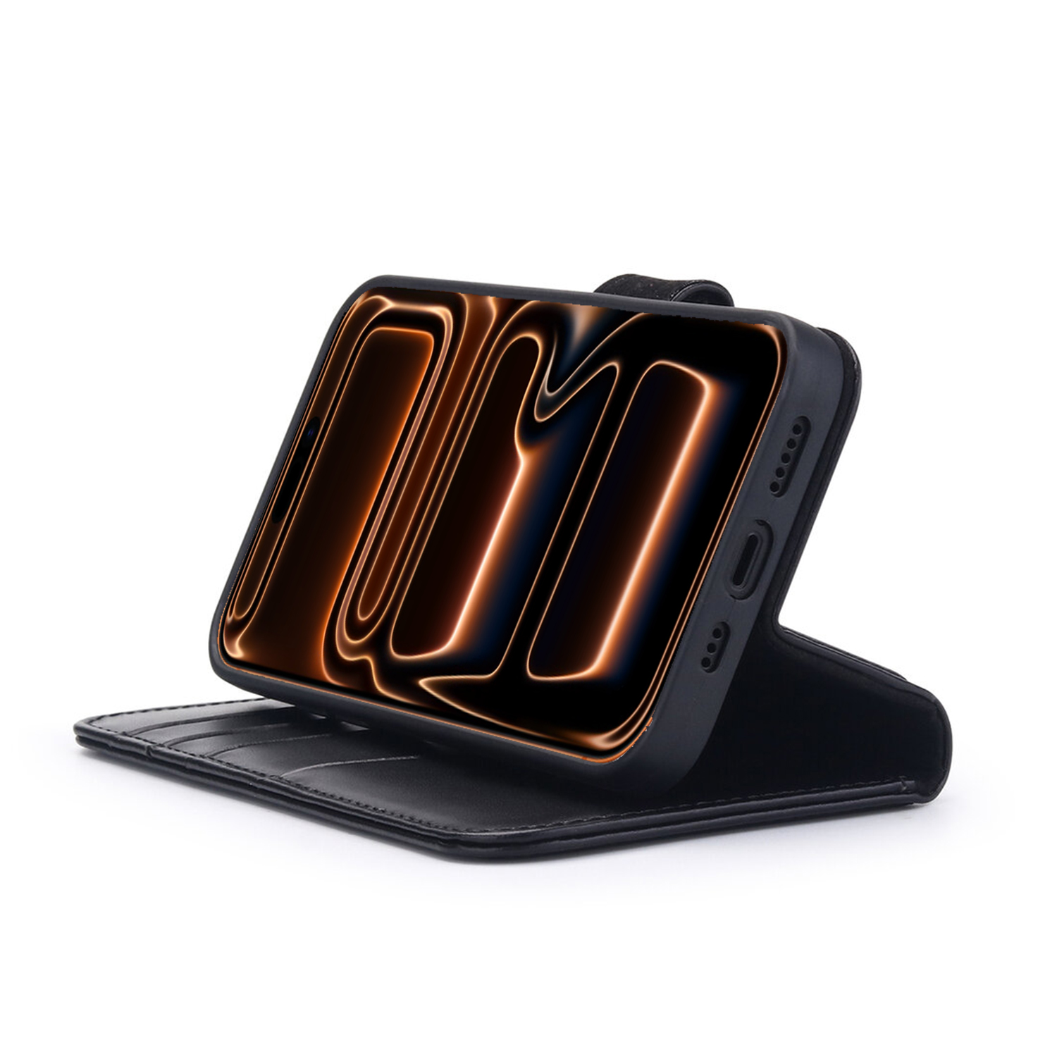 Un étui de téléphone noir avec un design orange vif, ouvert pour révéler l'écran du téléphone. Le fond est blanc.