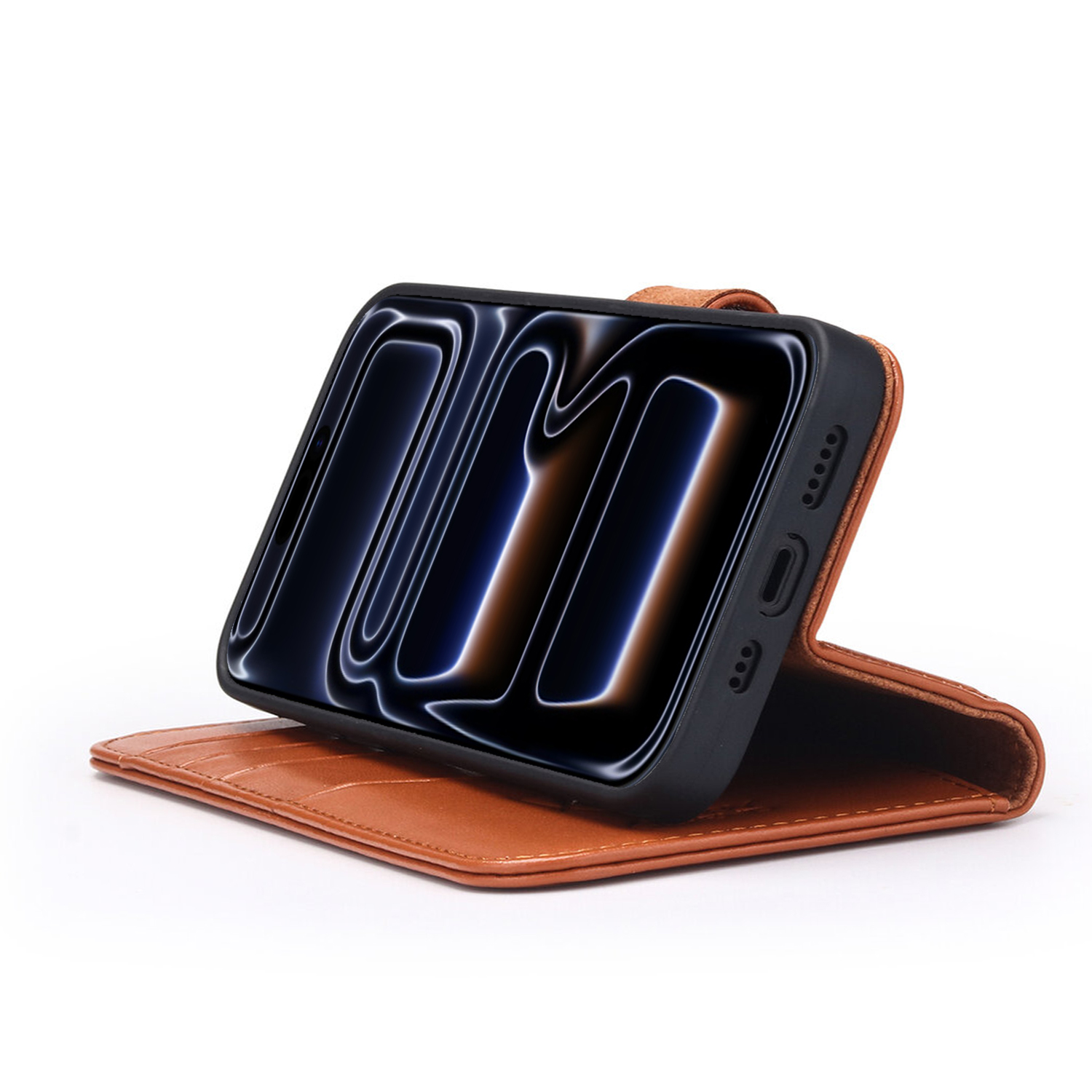 Un smartphone dans un étui noir est posé sur un portefeuille en cuir marron. L'écran affiche un motif lumineux.