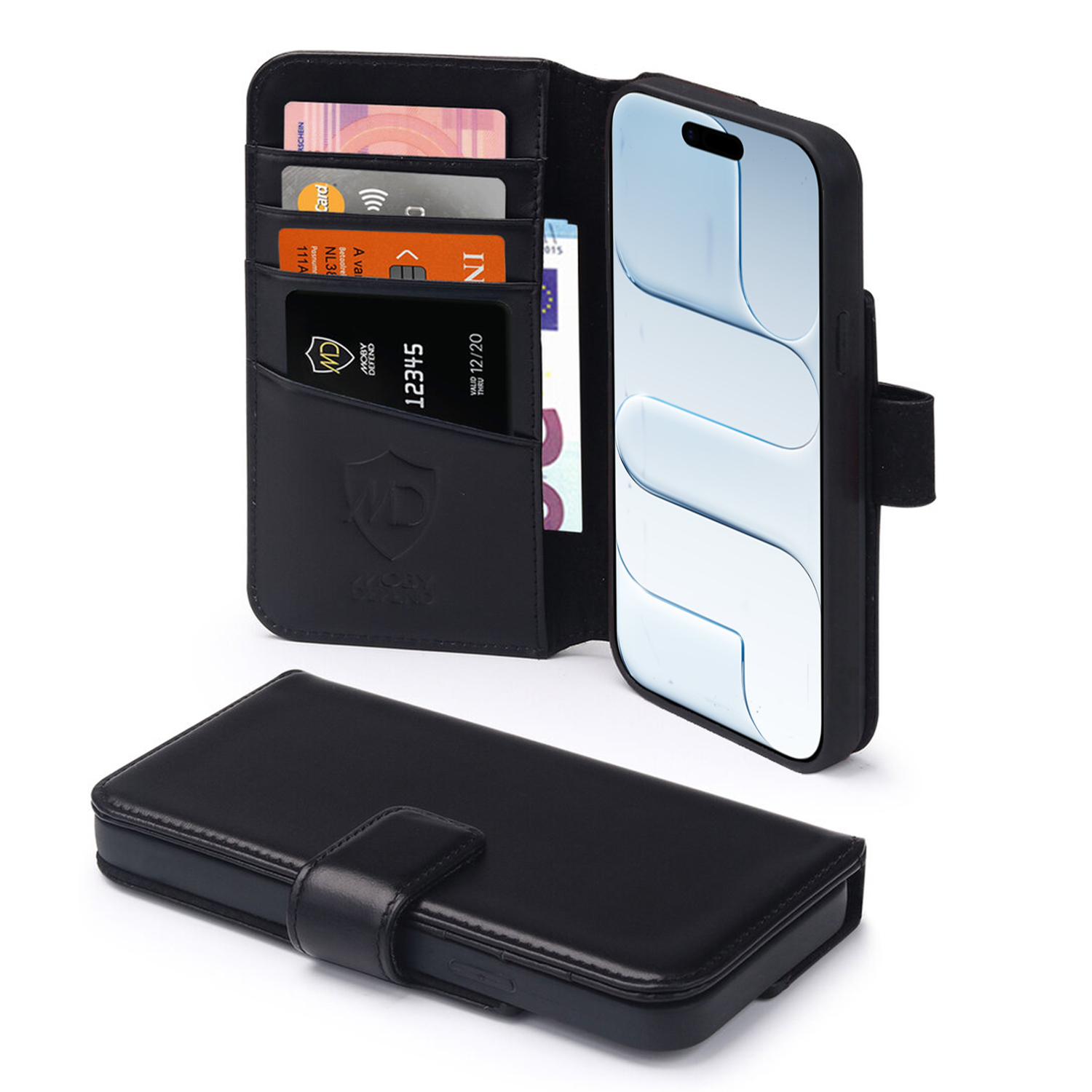 Zwarte leren portemonnee met een telefoonhoesje. Binnenin kaarten en contant geld. De telefoonhoes toont een reflecterend scherm. Een andere portemonneehelft hieronder.