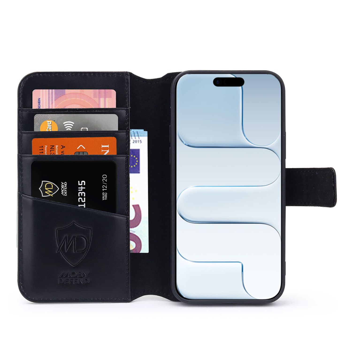 Zwarte portemonnee-etui met telefoon en kaarten erin. De etui is open, met een telefoon aan de rechterkant. Kaarten links.