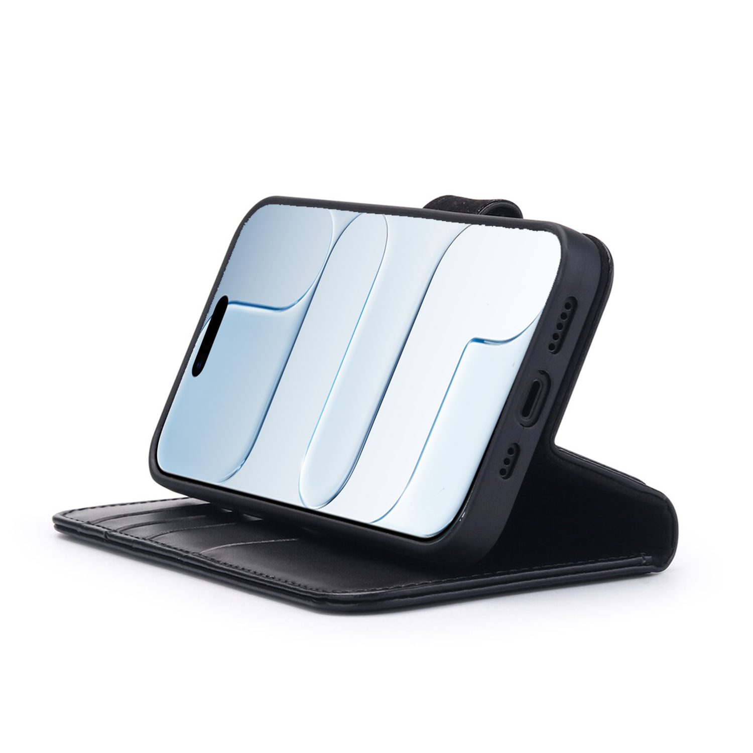Zwarte telefoonhoes met telefoon erin, staand op een zwarte leren portemonnee. Het scherm toont een blauw en wit ontwerp.