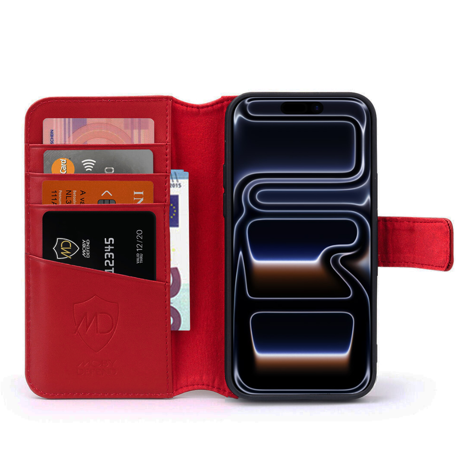 Portefeuille en cuir rouge avec cartes et téléphone dans un étui noir, ouvert. Cartes visibles : carte de crédit, pièce d'identité et argent.
