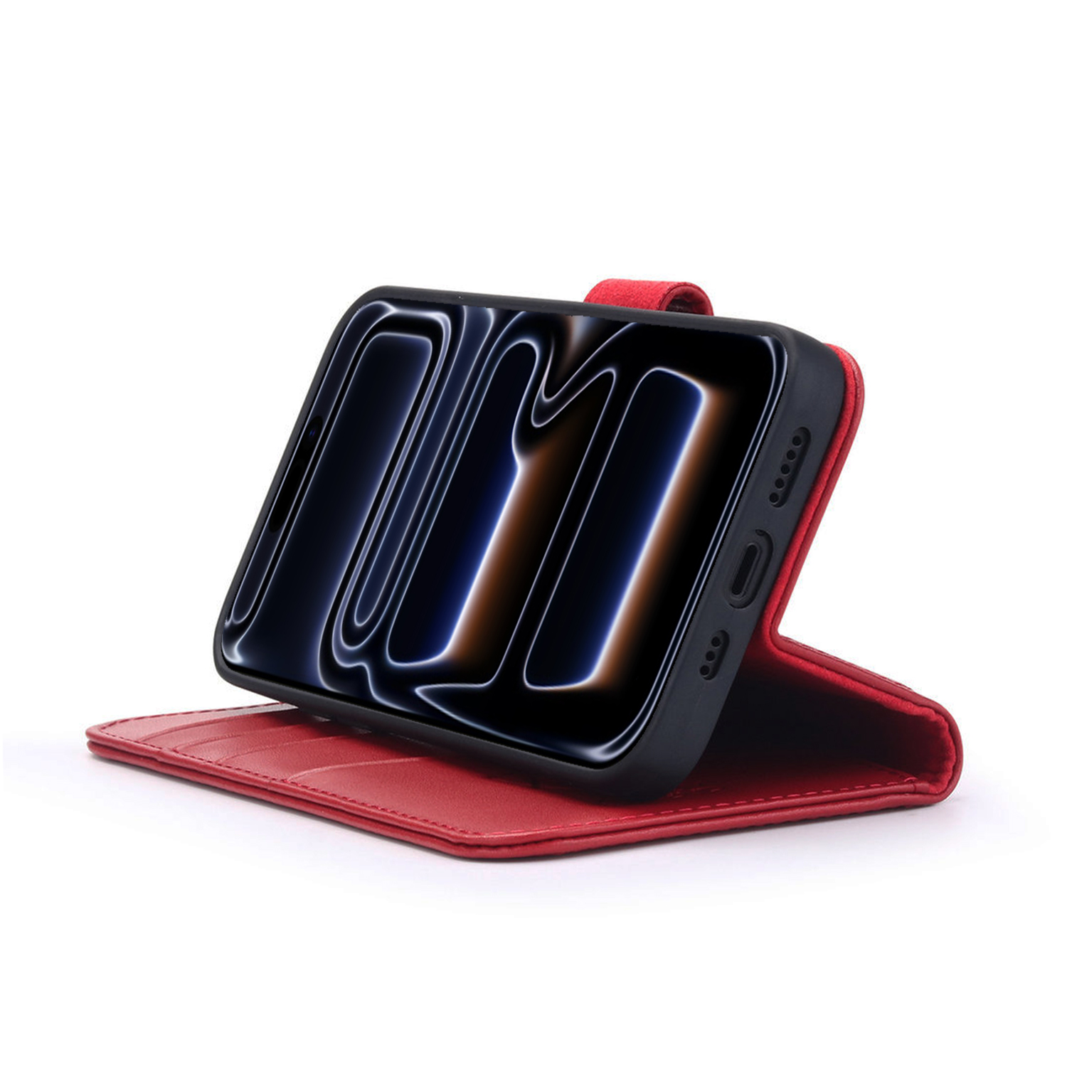 Un étui de téléphone rouge avec un téléphone affichant un graphique bleu et blanc. L'étui est ouvert, le téléphone est relevé.