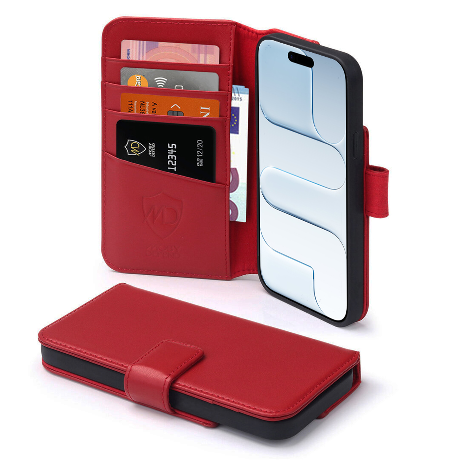 Étui de téléphone en cuir rouge avec emplacements pour cartes. Le téléphone est dans un étui noir. Il y a un étui fermé au premier plan.