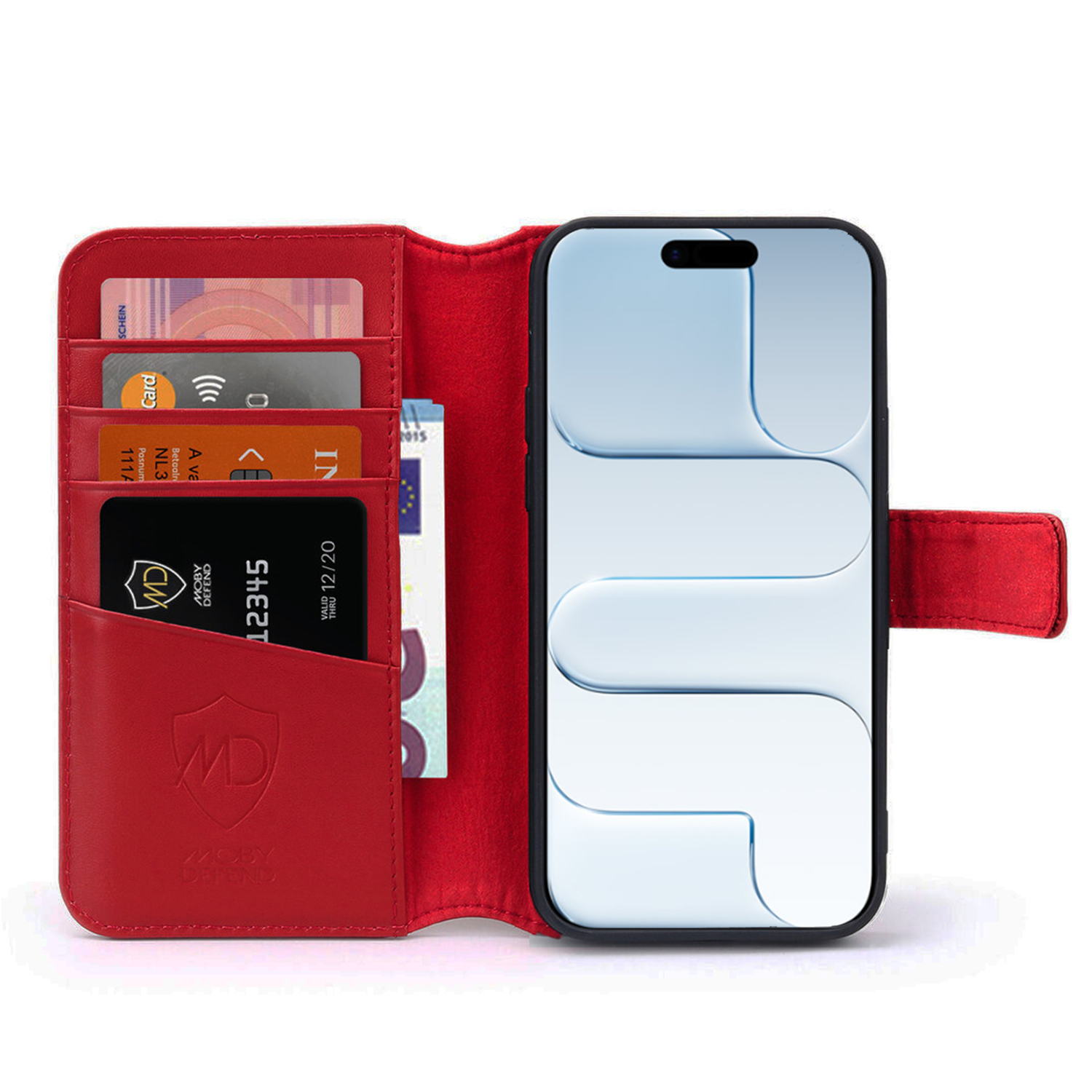 Portefeuille en cuir rouge avec smartphone. Cartes de crédit et espèces dans les fentes. L'écran du téléphone est blanc.