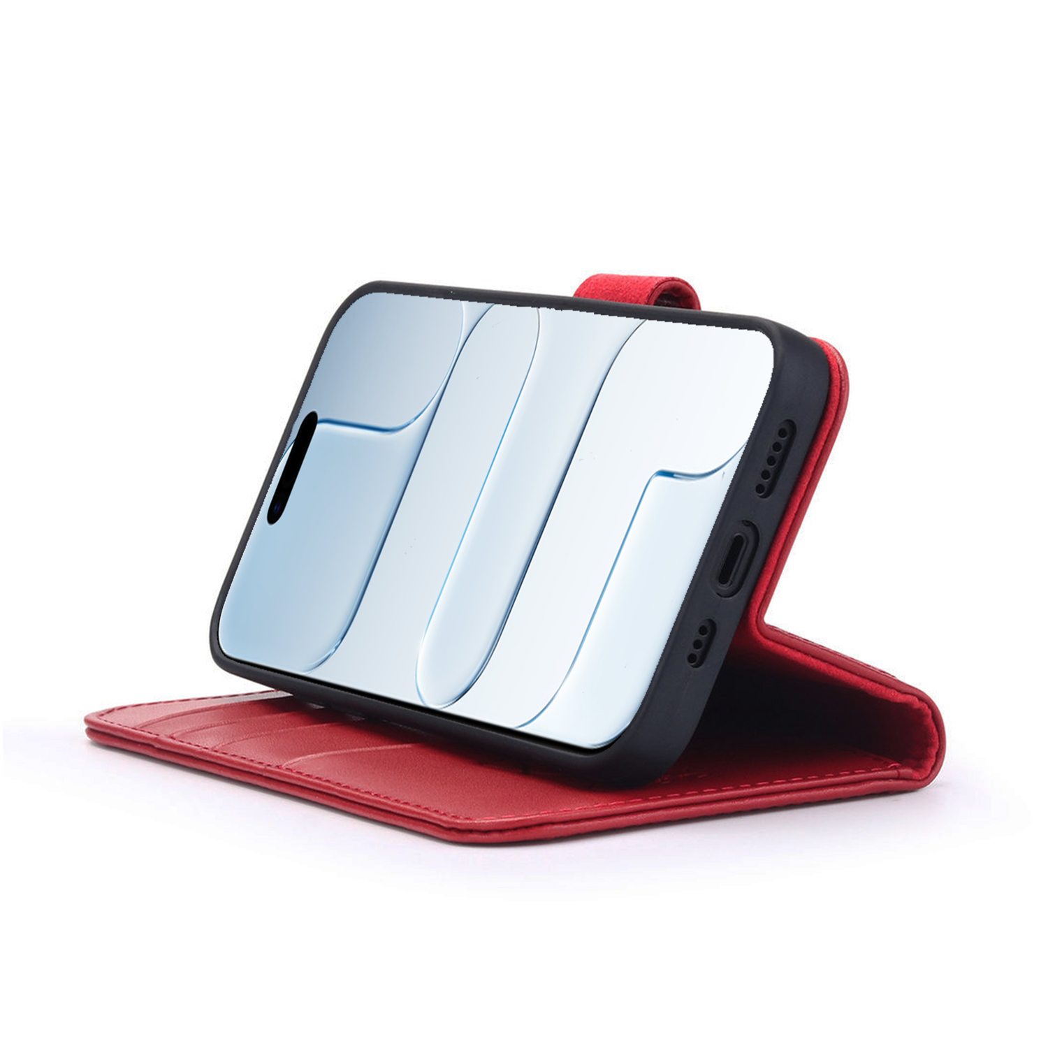 Un étui de téléphone rouge avec un téléphone à l'intérieur, l'écran affiche des formes abstraites bleues et blanches, et un rabat rouge est visible.