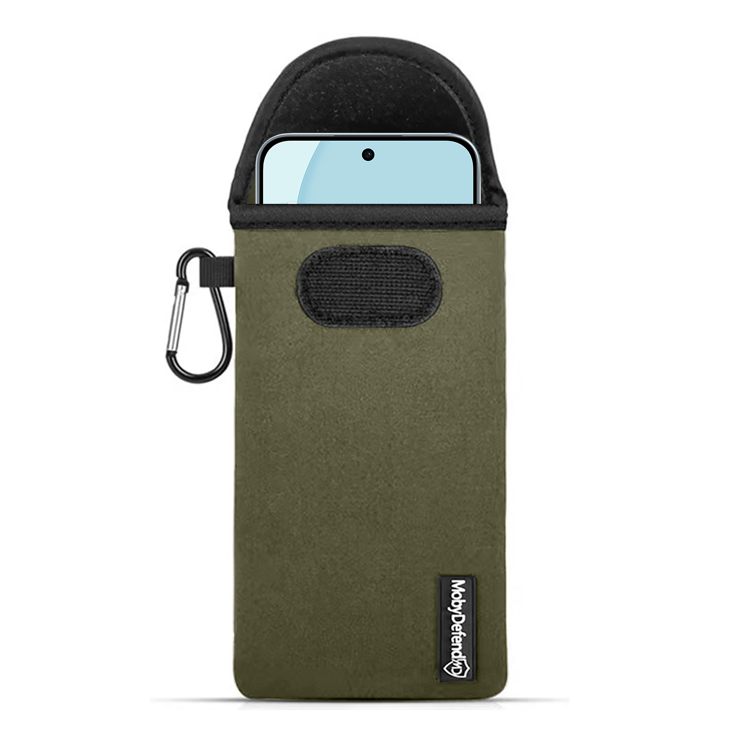 Une housse de téléphone vert olive avec un dessus noir et un mousqueton argenté. Un téléphone est visible à l'intérieur.