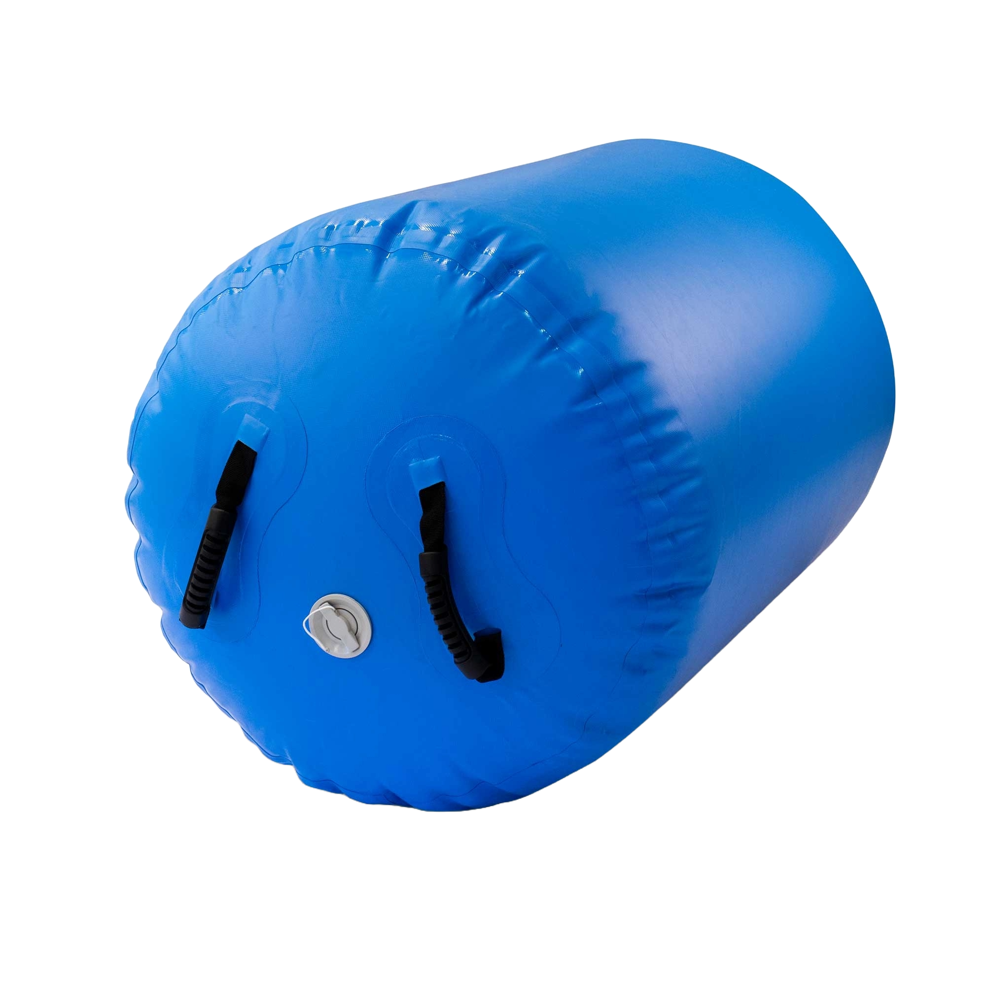 Niebieski nadmuchiwany walec na czarnym tle. Ma dwa czarne uchwyty i biały zawór.