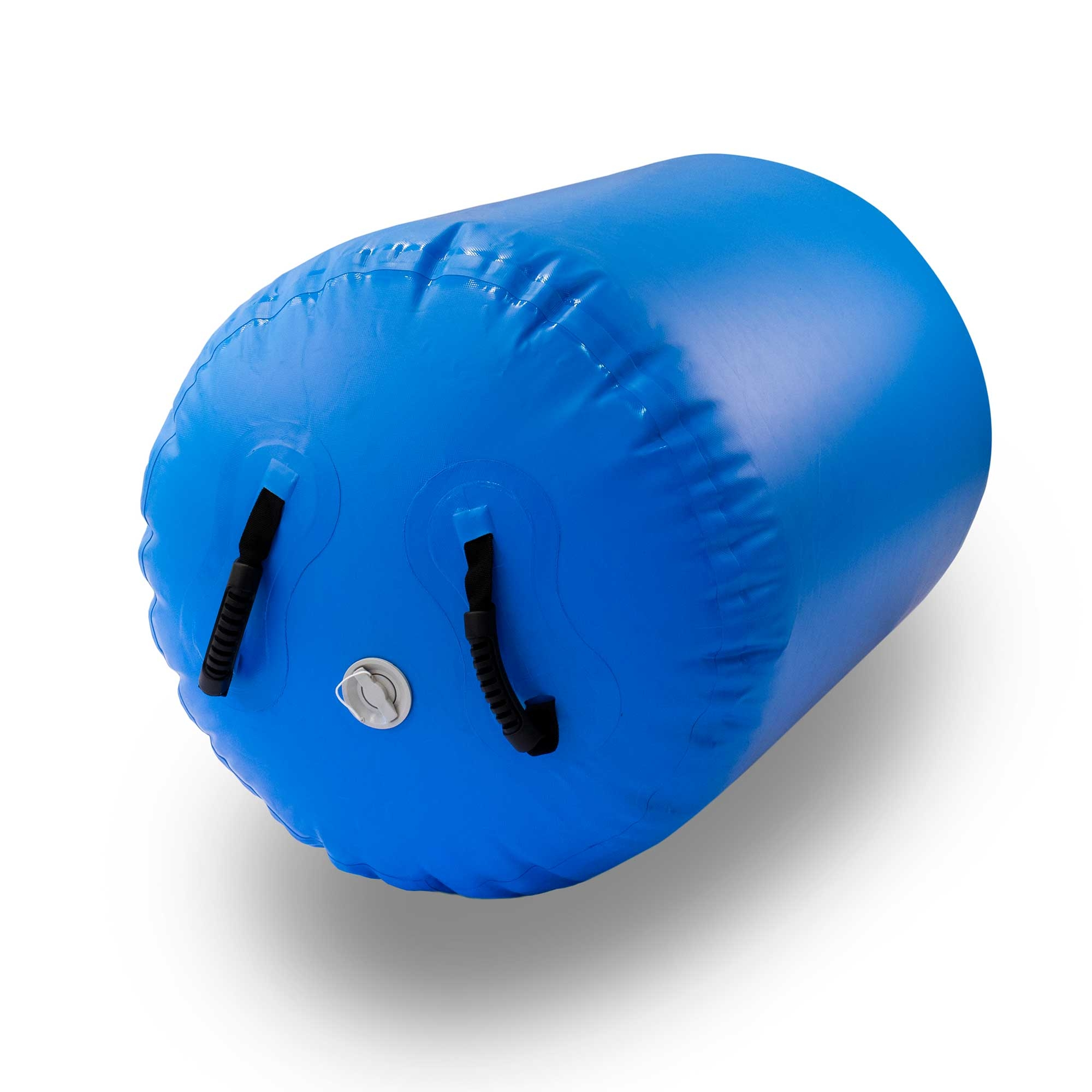 Niebieski nadmuchiwany cylinder na białej powierzchni, z czarnymi uchwytami i zaworem.