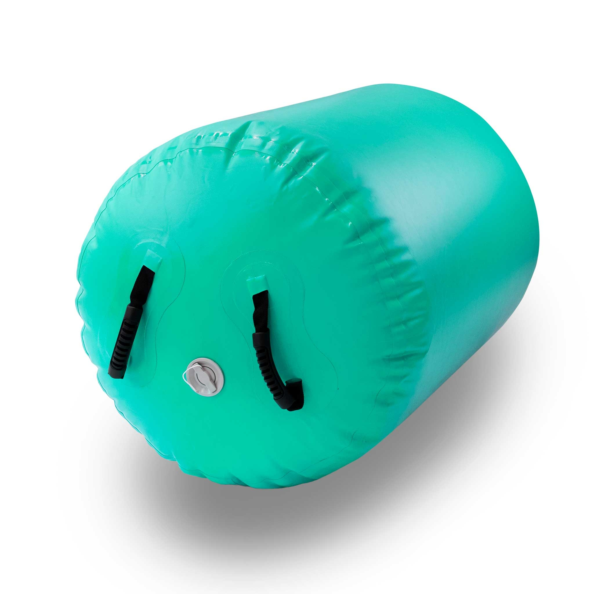 Turkusowy nadmuchiwany cylinder z dwoma czarnymi uchwytami i białym zaworem, na białym tle.