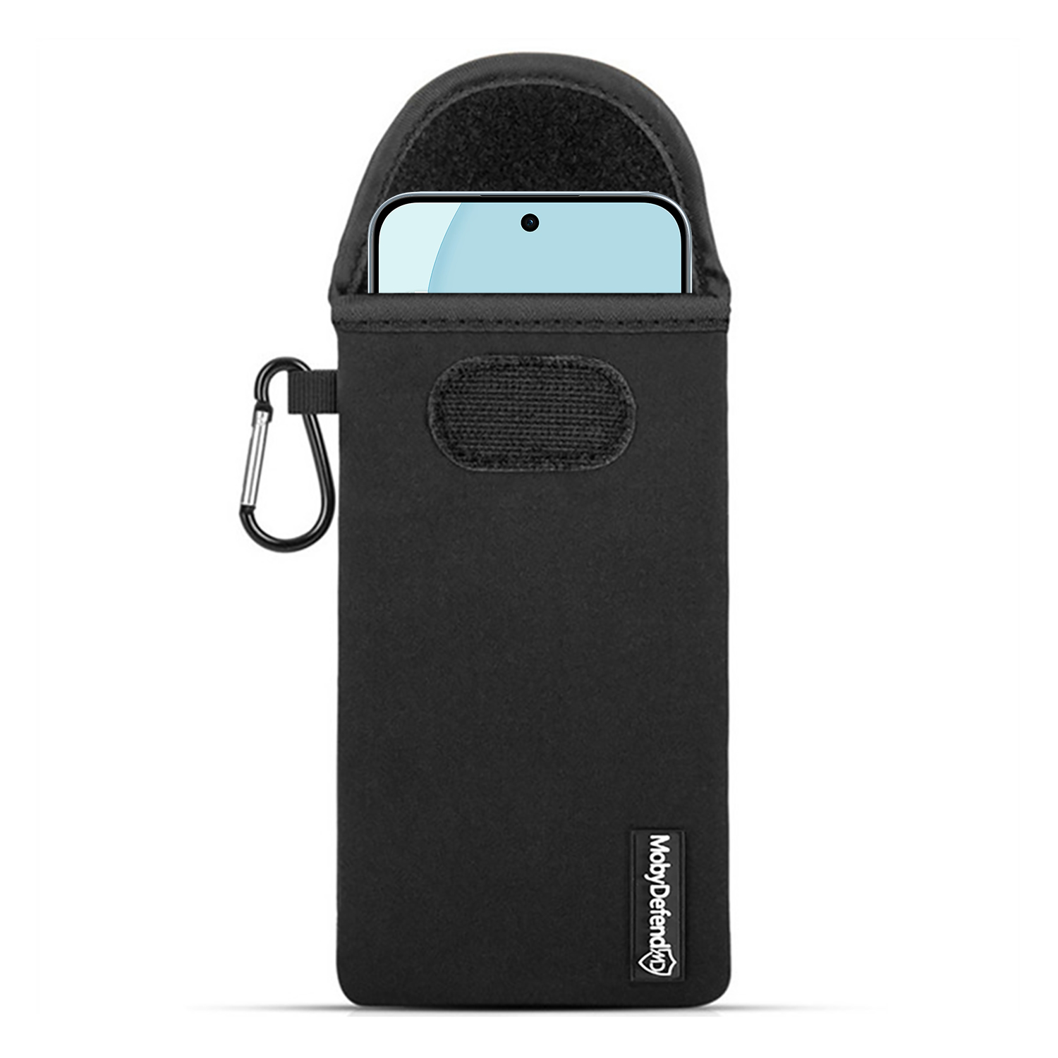 Étui de téléphone noir avec un téléphone à l'intérieur. Avec mousqueton. La marque MobyDefend est visible.