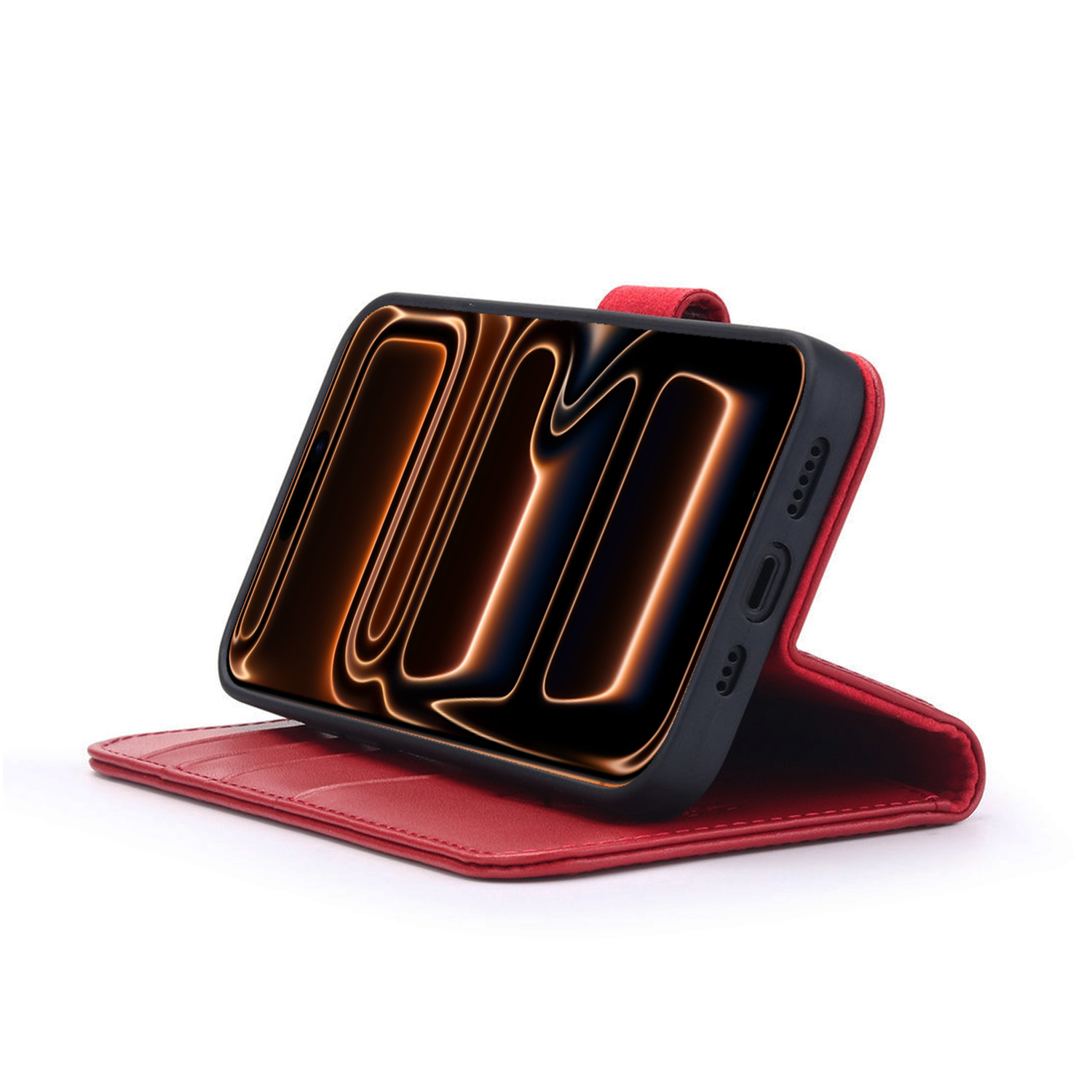 Un étui de téléphone rouge avec un smartphone à l'intérieur. Le téléphone affiche des lignes néon. L'étui est ouvert sur fond blanc.
