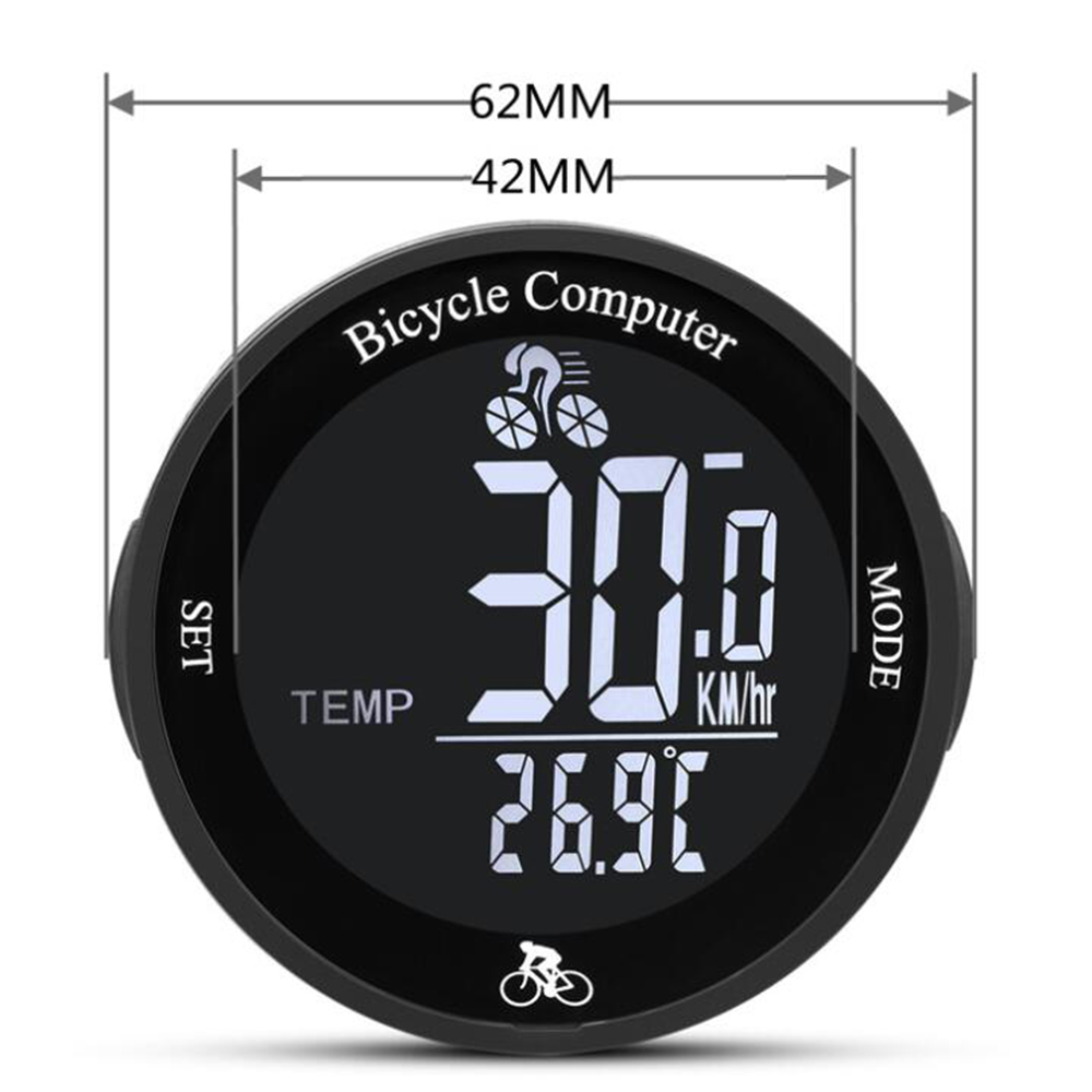 Ein schwarzer Fahrradcomputer zeigt 30,0 km/h und 26,9 °C an. Er hat ein rundes Design mit der Aufschrift 'Bicycle Computer'.