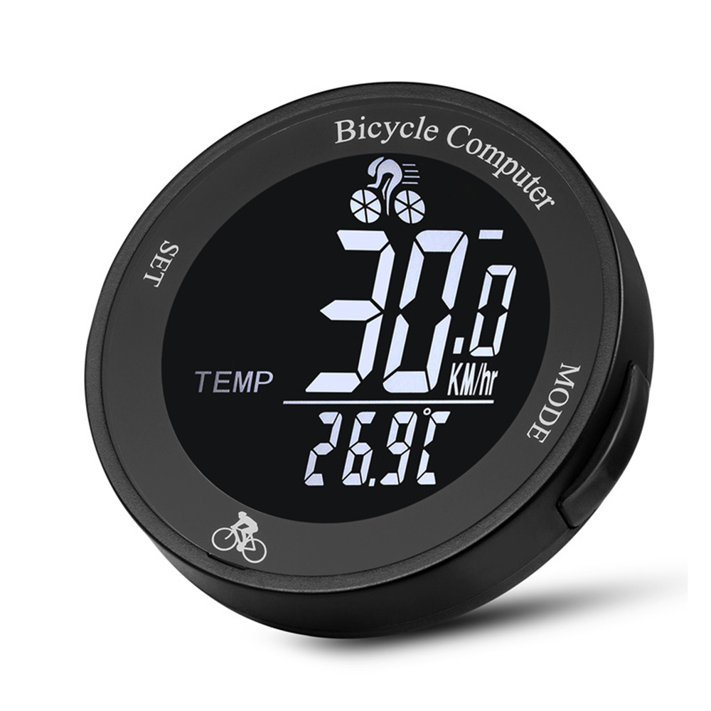 Ein Fahrradcomputer zeigt die Geschwindigkeit als 30,0 km/h und die Temperatur als 26,9 °C an. Er hat ein rundes schwarzes Gehäuse mit Tasten und Fahrradsymbolen.