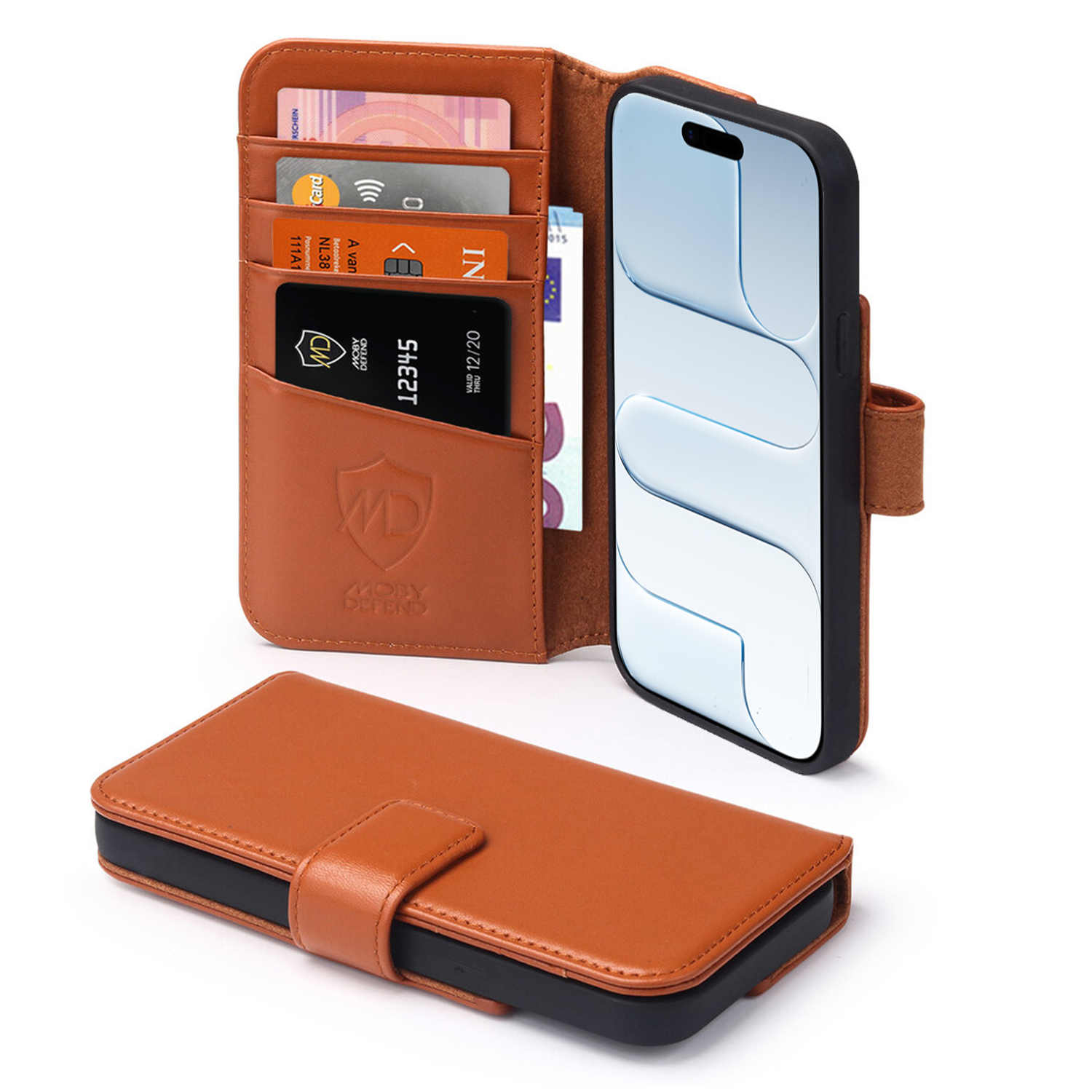 Un étui de téléphone en cuir marron avec un téléphone, des cartes de crédit et de l'argent. L'étui est ouvert, et il y a un étui fermé en dessous.
