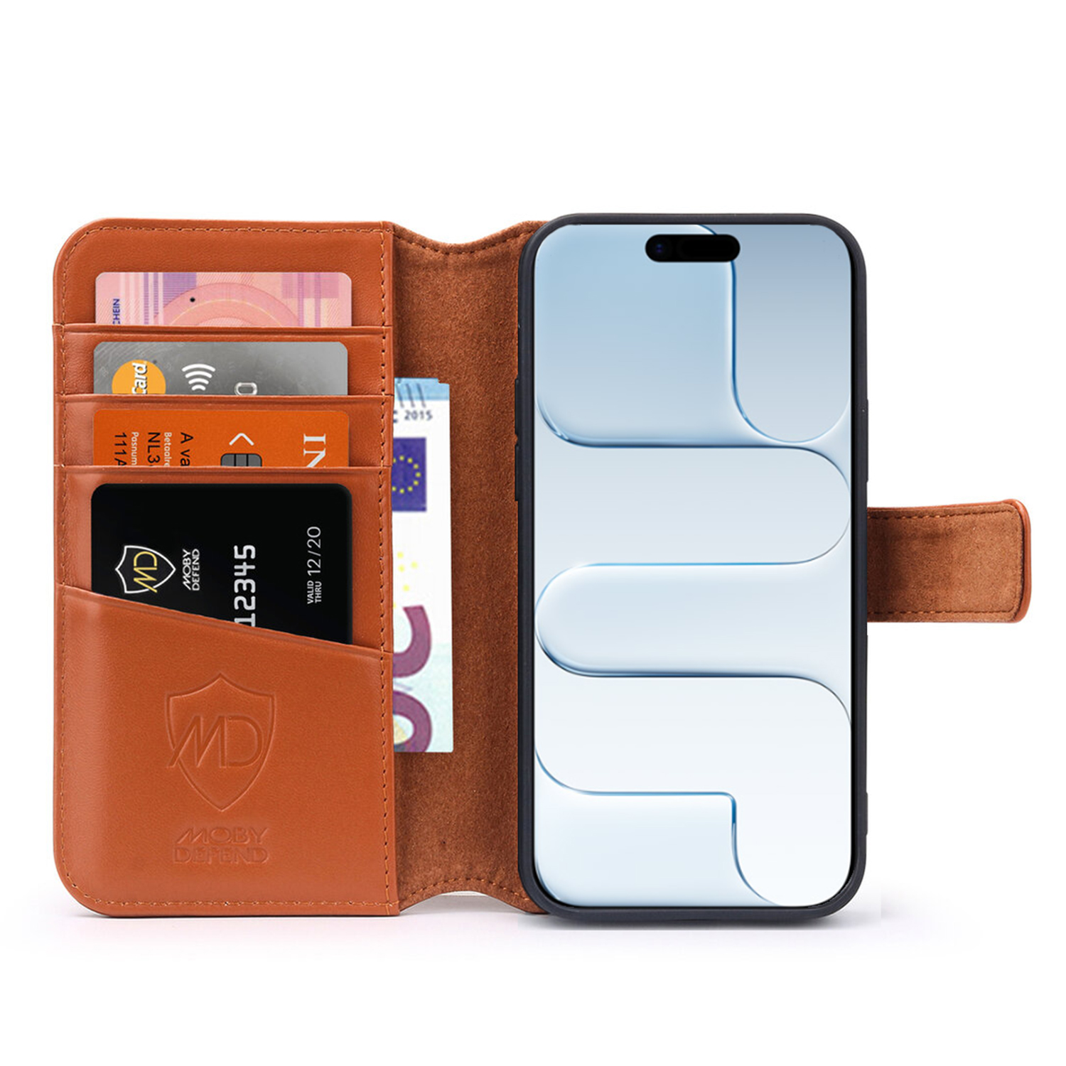 Étui de téléphone en cuir marron avec cartes de crédit et un téléphone. Les cartes affichent divers logos et texte. L'écran du téléphone est bleu.